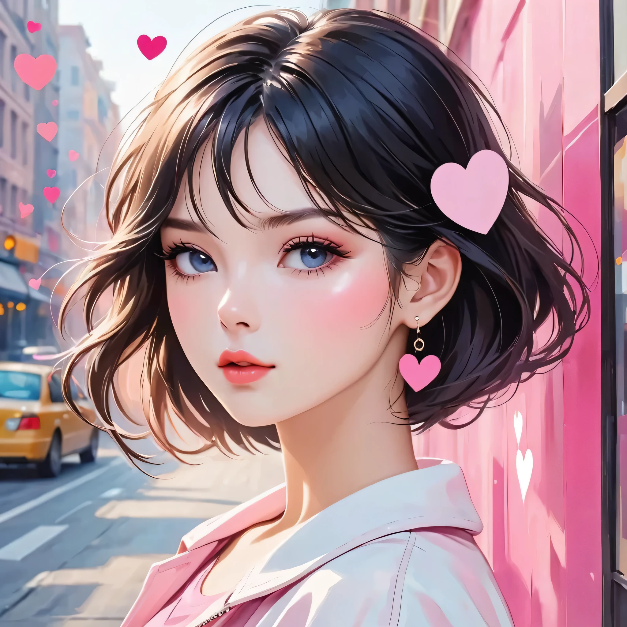 Mika Pikazo Pink and White style, Simple Line Initialism,Abstract art,Urban Background, (((The most beautiful girl of all time))), Sweet face. Lips in love, colorful hearts, stylish design