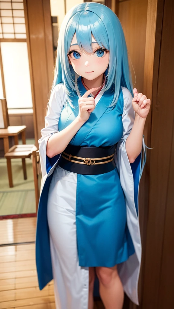 High quality, high quality, Japanese anime touch, one woman, sharp outline, long light blue hair,
Mummy man cosplay,
Cute pose, facing this way,