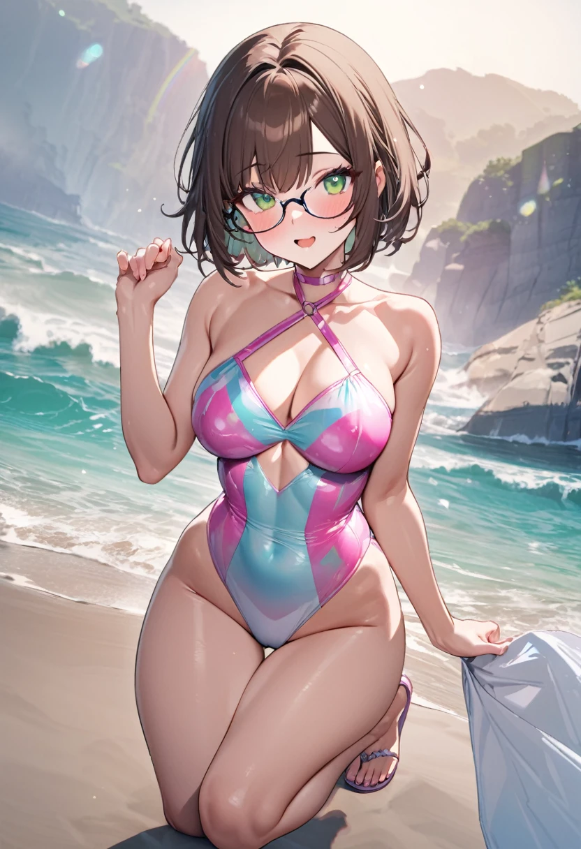(full body Swimwear style) (beautiful body), (solo:2, 32 yo, bob brown hair short hair cute woman, cute green eyes, glasses, be amazed face, medium:1.3 tits), (in a sexy:1.3 pink Enamel halter neck dress swimsuit, Ruby double exposure:1.1), break, in the Swimsuit contest venue, background detailed beautiful Coast, BREAK, perfect anatomy, masterpiece, best quality, 16k, beautiful detailed love, sexy, daydreaming expression.