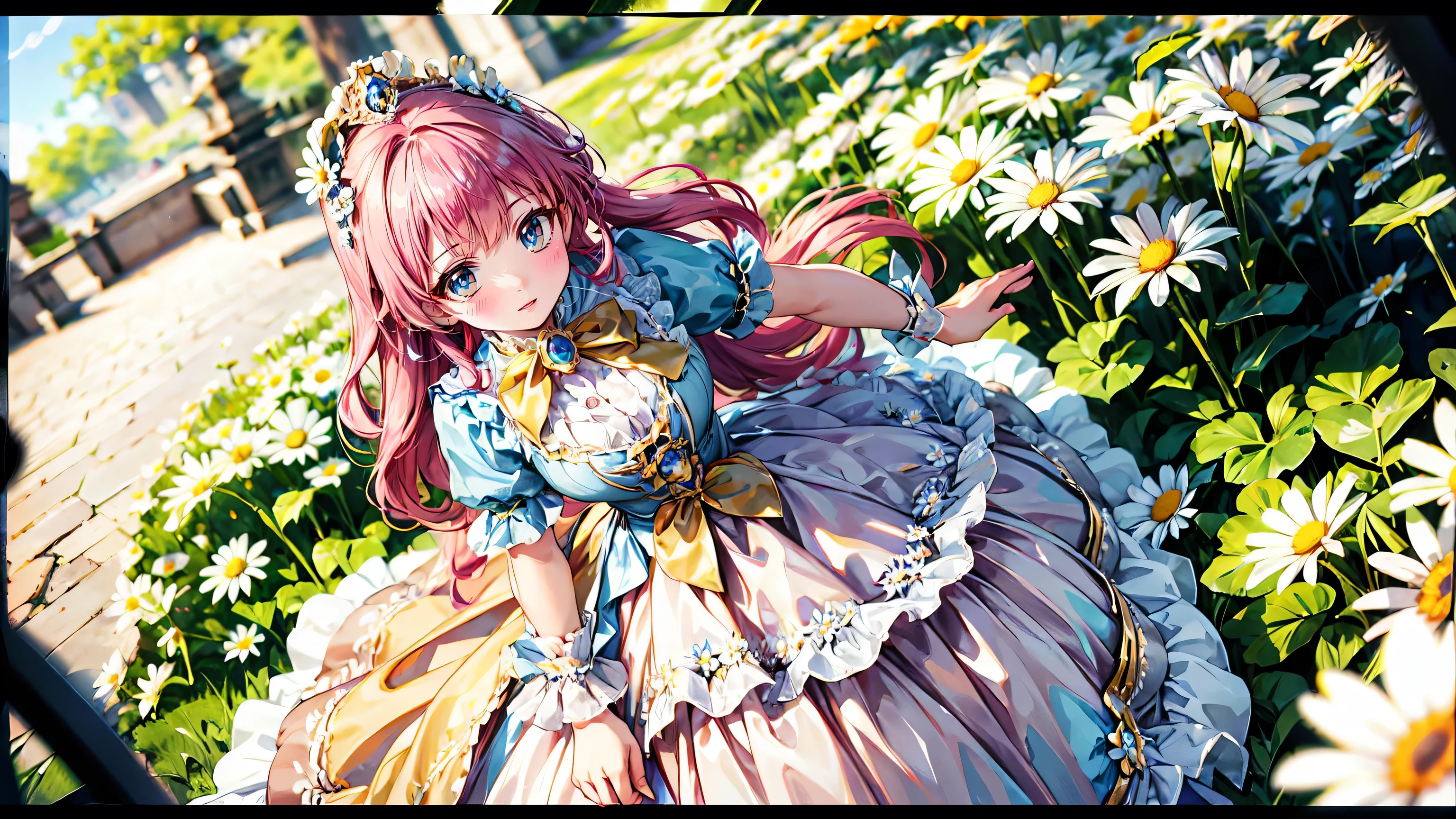 anime moe art style, (Masterpiece, ultra detailed, exquisite quality), (((young face solo princess))), (dress topaz dress), (((ultra elaborate rococo victorian gown with voluminous hoopskirt and long hems, princess style skirt, ultra pretty gown:1.3))), (((huge breasts))), breasts cleavage, (hair pink hair), (fluffy long ponytail), Expressive very voluminous hair, super delicate face, (hyper detail delicate beautiful eyes blue eyes), ((leaning forward, looking up, from above, front view)), (((So lot's of colorful flowers))), (blurry background:1.5), (isometric 3D), (particle effect),