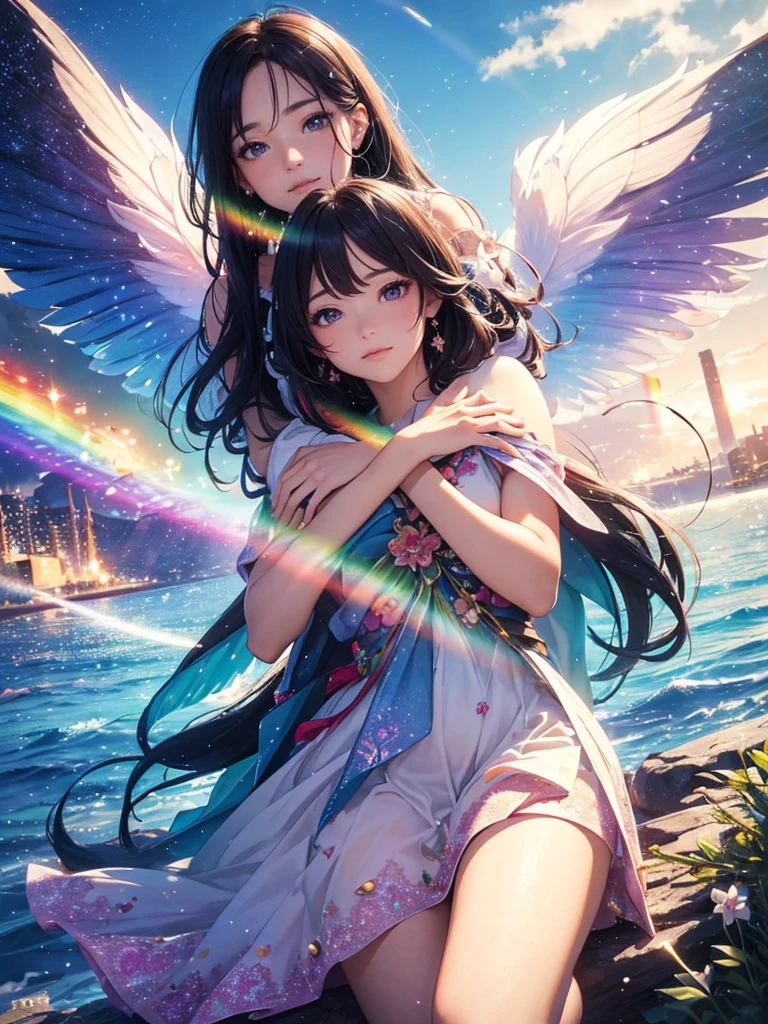 (best quality,4k,8k,highres,masterpiece:1.2),ultra-detailed,beautiful double Rainbows Sky(realistic,photorealistic,photo-realistic:1.37),beautiful illustration,fairy,rainbow-colored,transparent bird wings,blessing,delicate facial features,magical aura,floating in mid-air,feminine Japanese long black hair and purple eyes ethereal,sparkling furisode,vibrant colors,soft lighting, Rainbow Sky