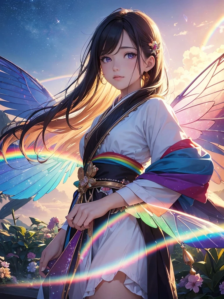 (best quality,4k,8k,highres,masterpiece:1.2),ultra-detailed,beautiful double Rainbows Sky(realistic,photorealistic,photo-realistic:1.37),beautiful illustration,fairy,rainbow-colored,transparent bird wings,blessing,delicate facial features,magical aura,floating in mid-air,feminine Japanese long black hair and purple eyes ethereal,sparkling furisode,vibrant colors,soft lighting, Rainbow Sky