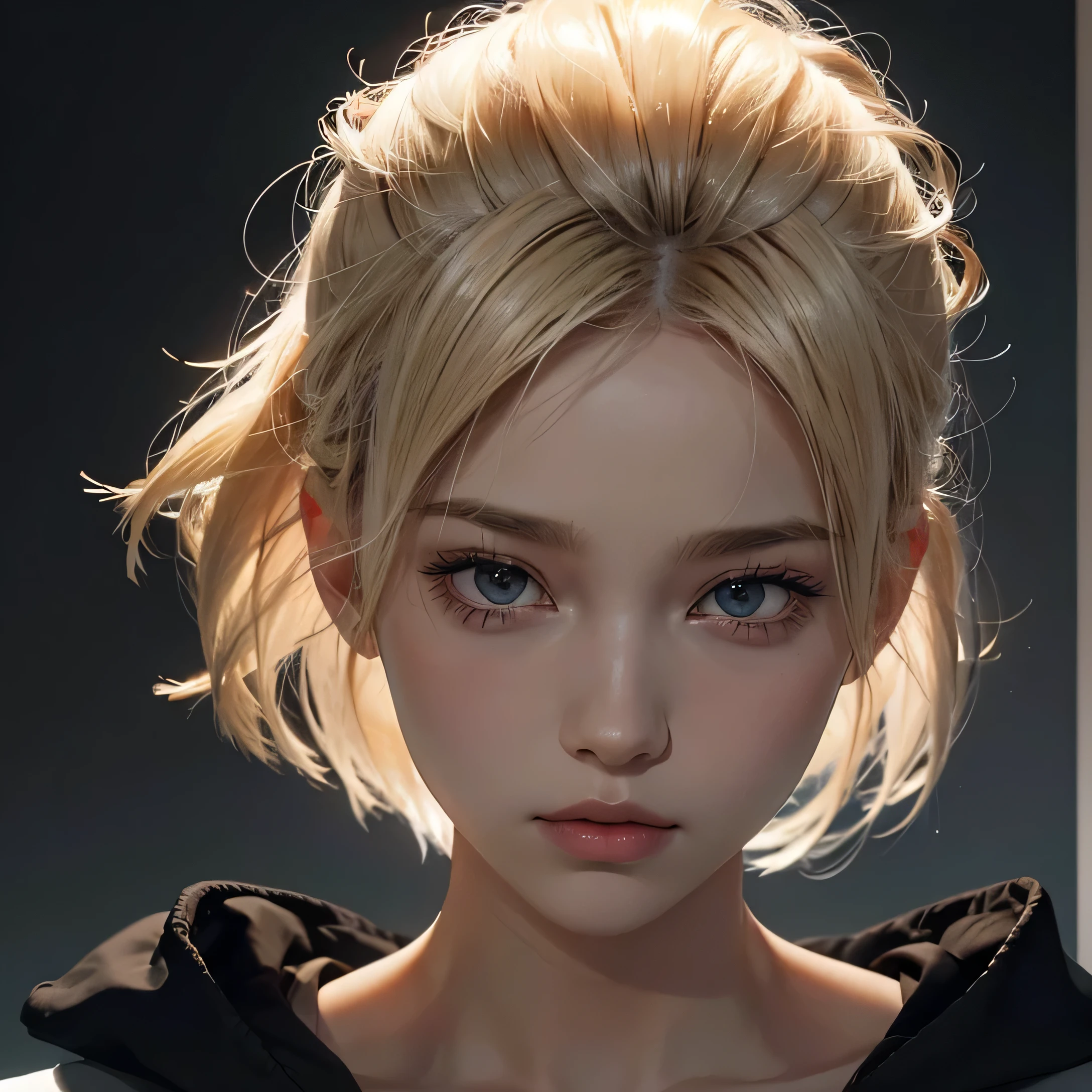 a 20 yo woman, blonde, (hi-top fade), dark theme, soothing tones, muted colors, high contrast, (natural skin texture, hyperrealism, soft light, sharp)