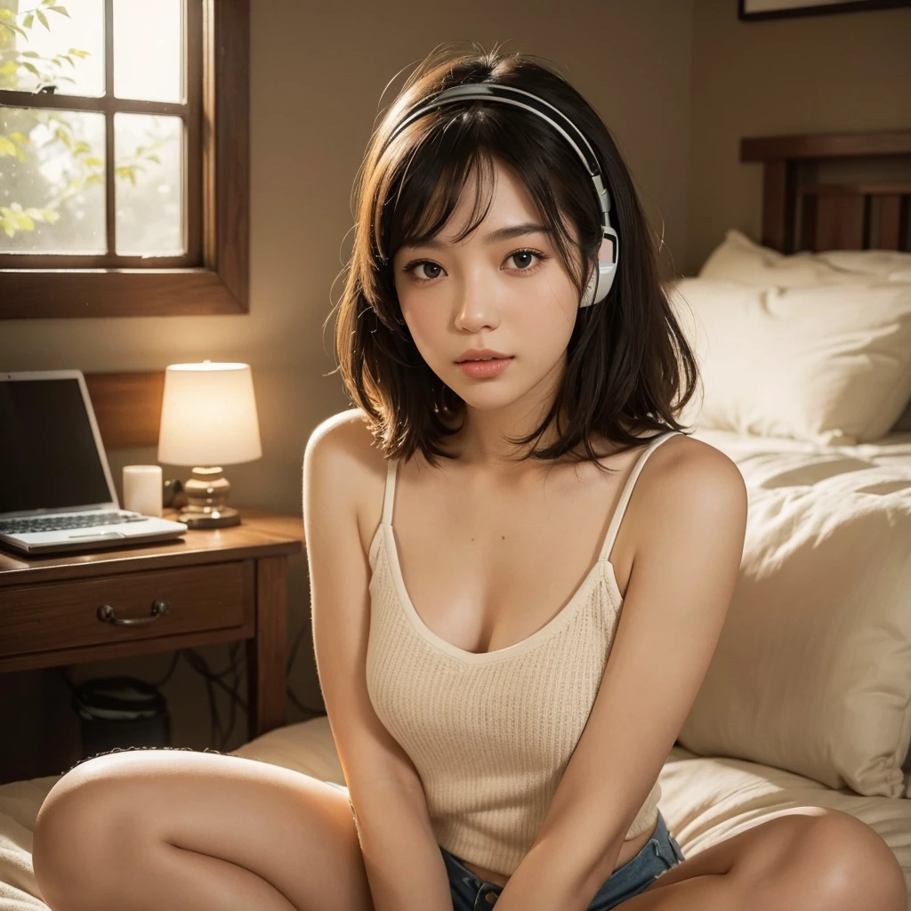 beautiful girl, blue tanktop, short shorts, faux fur fluffy sandal, headphone, listening to music, computer, indoor bedroom setting, 1 girl, (best quality,4k,8k,highres,masterpiece:1.2),ultra-detailed,(realistic,photorealistic,photo-realistic:1.37),detailed eyes,detailed lips,extremely detailed face,long eyelashes,intricate details,soft lighting,warm color tones,natural lighting,cozy atmosphere,serene and relaxing