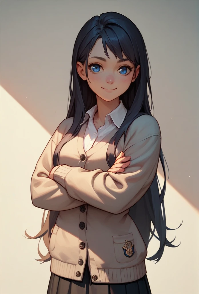 (best qualityer), (portraite),one girl with cute face, A rather short body,rather thin body, black long hair, wear a white shirt, navy cardigan,blue eyes and black skirt.she is standing,crossed arms, smile