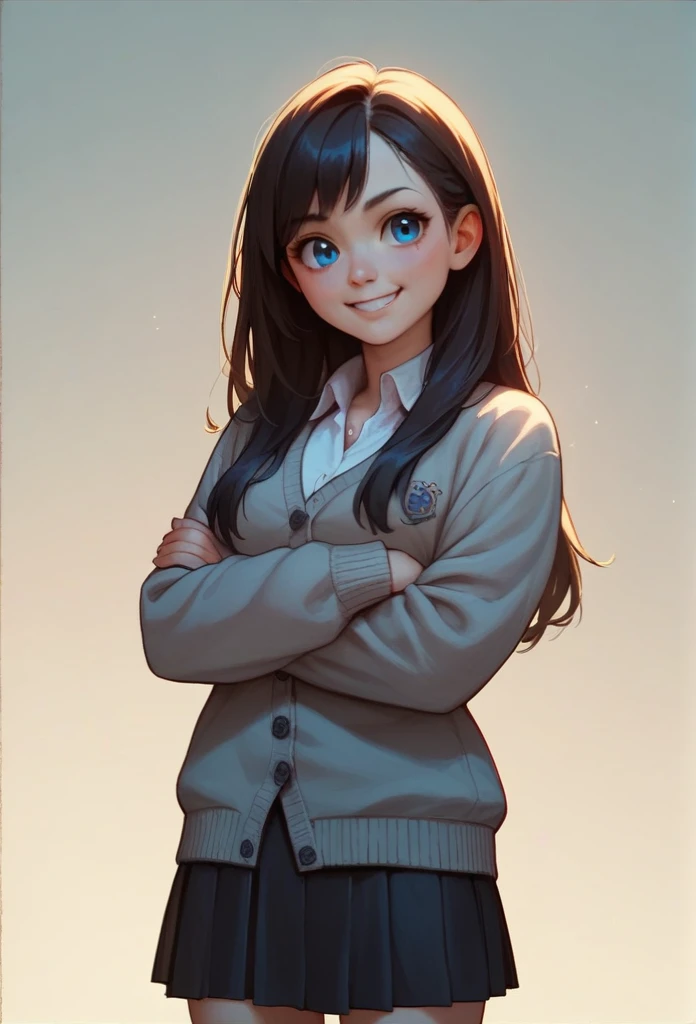 (best qualityer), (portraite),one girl with cute face, A rather short body,rather thin body, black long hair, wear a white shirt, navy cardigan,blue eyes and black skirt.she is standing,crossed arms, smile 
 