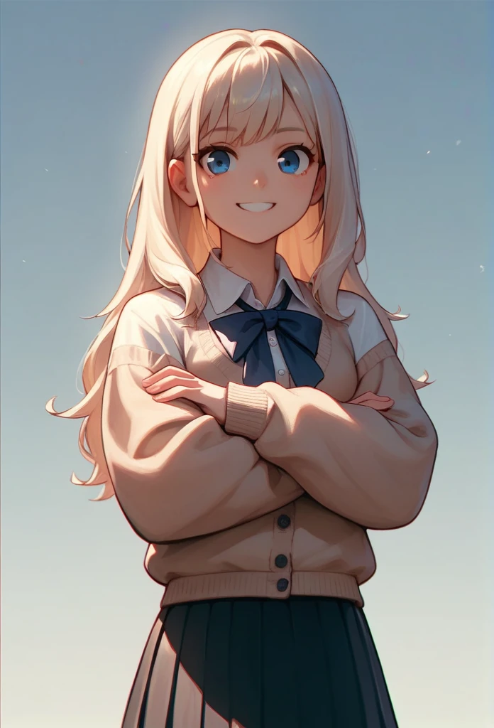 (best qualityer), (portraite),one girl with cute face, A rather short body,rather thin body, black long hair, wear a white shirt, navy cardigan,blue eyes and black skirt.she is standing,crossed arms, smile