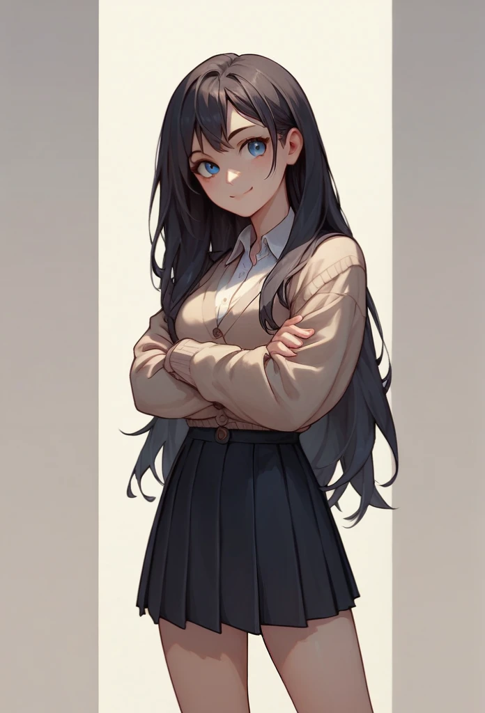 (best qualityer), (portraite),one girl with cute face, A rather short body,rather thin body, black long hair, wear a white shirt, navy cardigan,blue eyes and black skirt.she is standing,crossed arms, smile