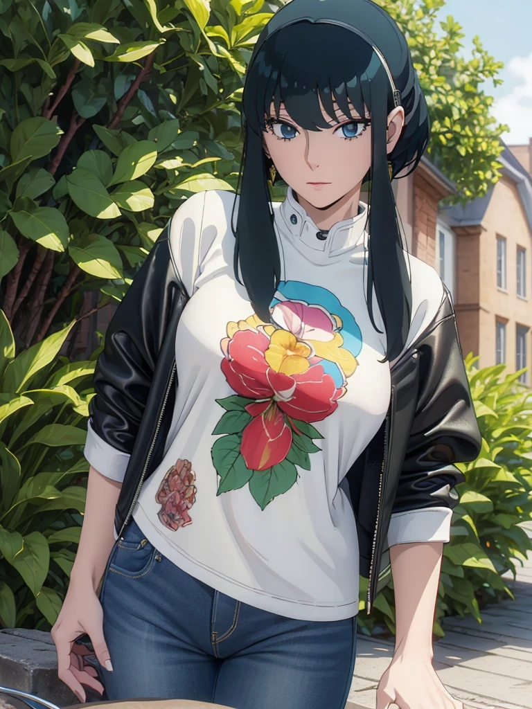 ((best quality)), ((masterpiece)), (detailed), ( Yor forger ) , big breasts , wearing black leather jacket over white printed t-shirt and blue jeans , in garden , looking at camera 