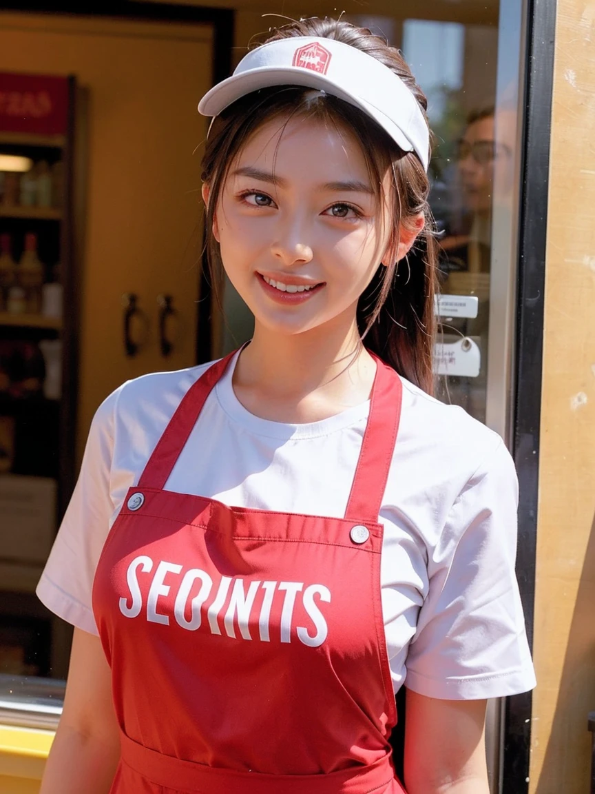 (Ultra-high resolution), (masterpiece), (Attention to detail), (high quality), (最high quality), ((Upper Body Shot)) , One Girl, Generate images of female employees working in bright and clean fast food restaurants。she、Red uniform shirt, (Sun visor), ponytail, Name tag, Wearing an apron。In the background of the store、counter, cash register, Menu Board, There is a drink dispenser、Serve customers with a smile。