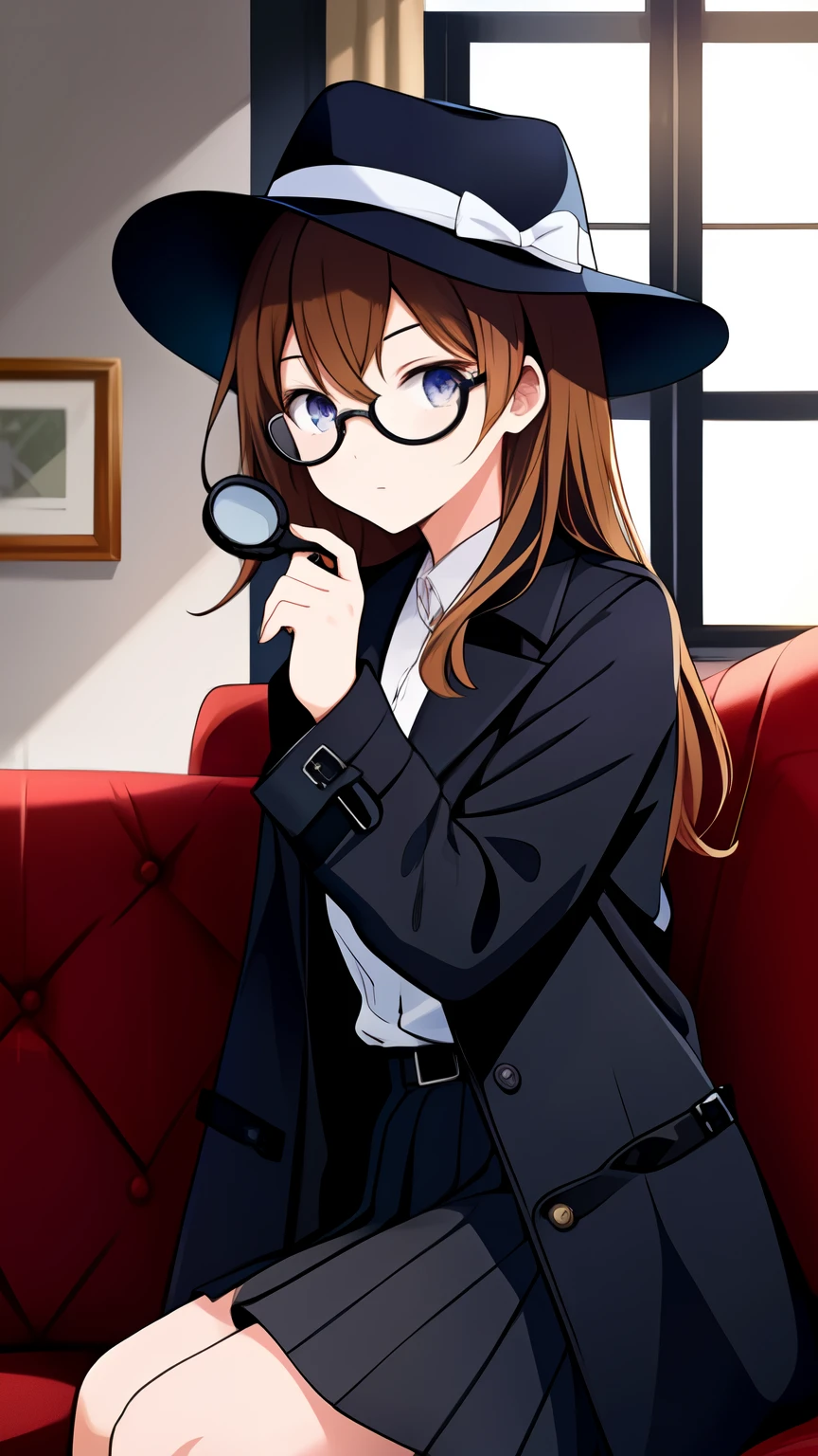 Detective girl, anime, masterpiece, best quality, 1 girl ( black trench coat, suit, skirt, fedora, glasses, cross-legged, sitting on sofa, right hand hold magnifying glass, left hand on sofa), ( table, papers on table ), window, ofice background, bokeh:1.1, NEGATIVE_HAND,NEGATIVE_HAND-NEG