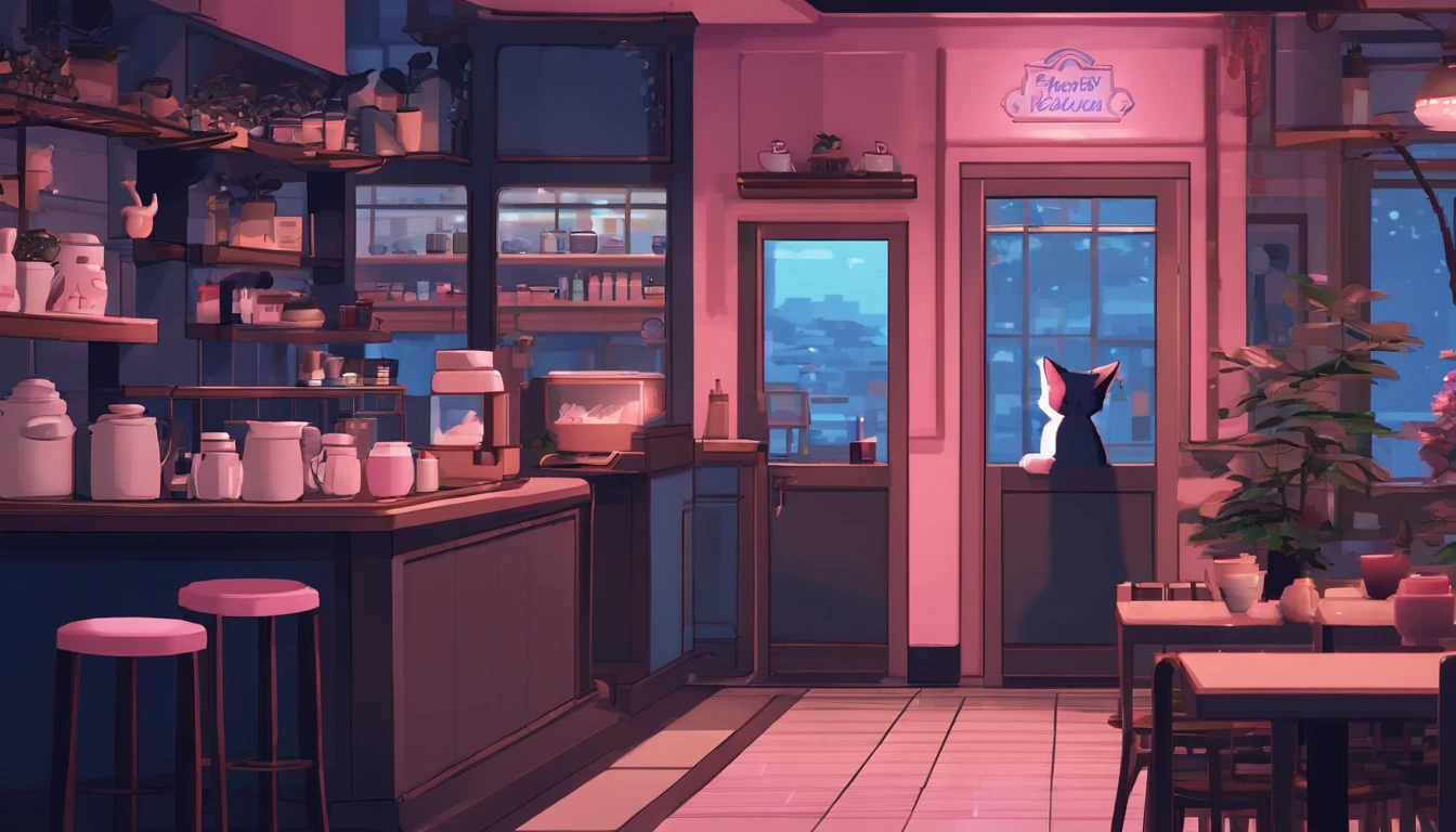 Pixel art, coffee shop,((cats barista)),blue and pink, minimalist photography,lofi cozy scenes,morden Japanese anime style