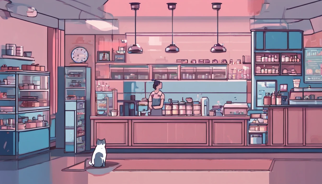 Pixel art, coffee shop,((cats barista)),blue and pink, minimalist photography,lofi cozy scenes,morden Japanese anime style
