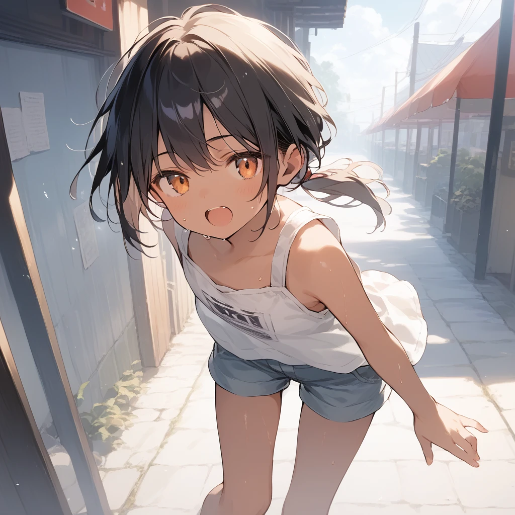 score_9, score_8_up, score_7_up, source_anime, best quality, masterpiece, official art, absurdres, highres, ultra-detailed,waifu2x,Collection: Slice of Life,break,1girl, tomboy, dark-skinned female, short hair, low ponytail, flat chest, beautiful detailed eyes, short shorts, sweat, open mouth, (yawn:0.3), sleepily, outdoors, wind,break,(clear line illustration:1.2), super detailed skin,very high resolution, very aesthetic, Best sexual lighting powered by famous artist, 8k,cute picture,beauty illustration,photoshop_(medium),,(Detailed Lighting),best anime 8k konachan wallpaper, pixiv contest winner,