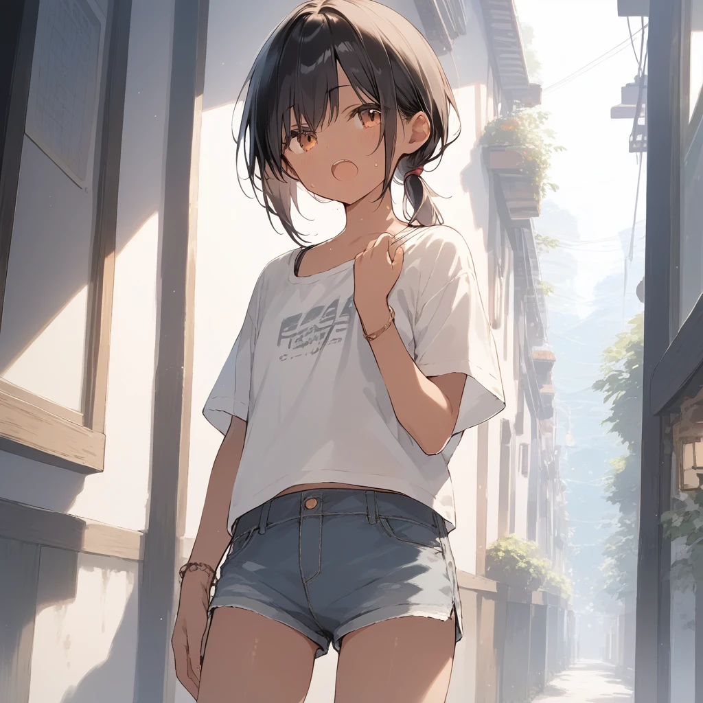 score_9, score_8_up, score_7_up, source_anime, best quality, masterpiece, official art, absurdres, highres, ultra-detailed,waifu2x,Collection: Slice of Life,break,1girl, tomboy, dark-skinned female, short hair, low ponytail, flat chest, beautiful detailed eyes, short shorts, sweat, open mouth, (yawn:0.3), sleepily, outdoors, wind,break,(clear line illustration:1.2), super detailed skin,very high resolution, very aesthetic, Best sexual lighting powered by famous artist, 8k,cute picture,beauty illustration,photoshop_(medium),,(Detailed Lighting),best anime 8k konachan wallpaper, pixiv contest winner,