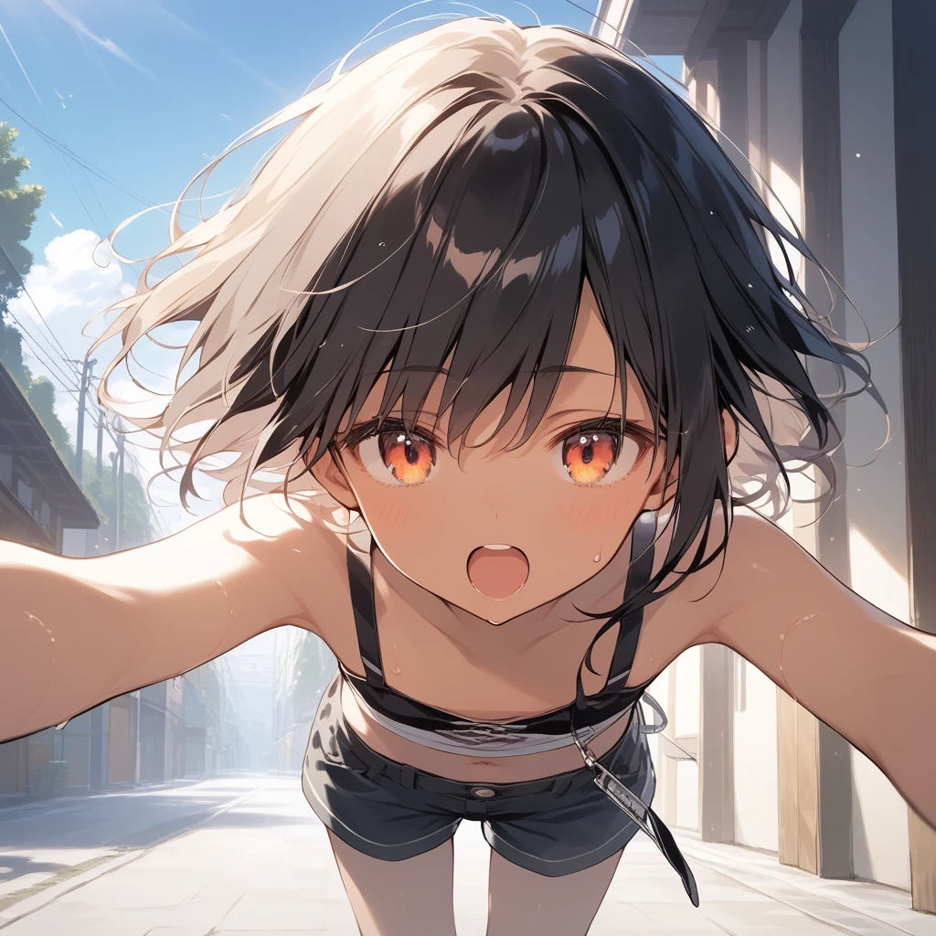score_9, score_8_up, score_7_up, source_anime, best quality, masterpiece, official art, absurdres, highres, ultra-detailed,waifu2x,Collection: Slice of Life,break,1girl, tomboy, dark-skinned female, short hair, low ponytail, flat chest, beautiful detailed eyes, short shorts, sweat, open mouth, (yawn:0.3), sleepily, outdoors, wind,break,(clear line illustration:1.2), super detailed skin,very high resolution, very aesthetic, Best sexual lighting powered by famous artist, 8k,cute picture,beauty illustration,photoshop_(medium),,(Detailed Lighting),best anime 8k konachan wallpaper, pixiv contest winner,