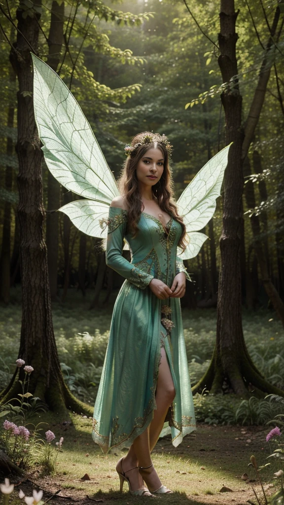 a woman in a fairy costume, standing in a field of flowers, beautiful adult fairy, forest fairy, beautiful fairy, beautiful fairies, faerie, forest fae, beautiful fairie, high quality costume, fey queen of the summer forest, fairy magnificent, portrait of a fairy, smiling as a queen of fairies, fantasy photoshoot, fairy wings, cinematic lighting, dramatic composition, lush forest background, vibrant colors, intricate details, photorealistic, 8k, best quality, masterpiece