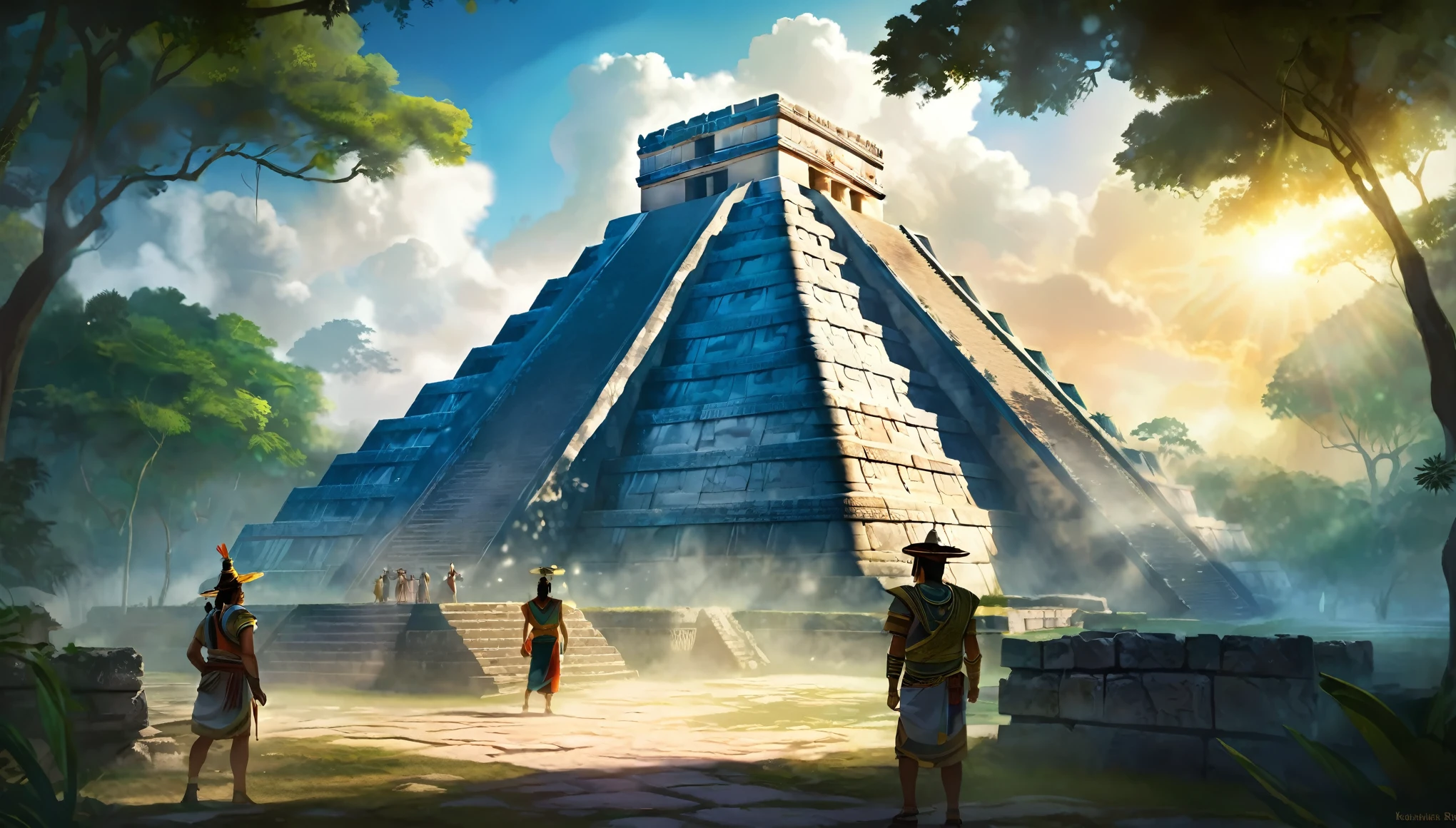 The Lost City of Chichen Itza is the heart of the ancient Mayan civilization, hidden in the dense jungle. Players will enter the world, where every corner is imbued with history and myths. In the center of the city rises the majestic Pyramid of Kukulcan, surrounded by temples and palaces, decorated with carvings and frescoes, telling about the exploits of gods and heroes, digital painting, location, location из игры, большая location, glowing effects in the background, fog in the foreground with glow effects, colorful, cute style, anime style, огромная игровая location, shimmering treasures, attention-grabbing