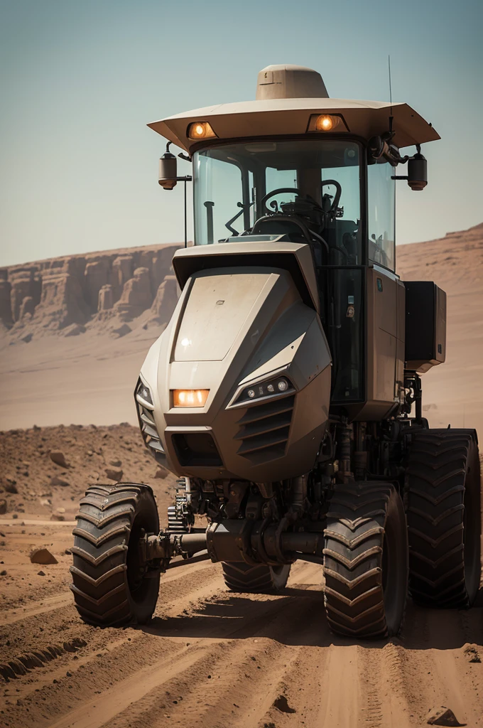 A futuristic tractor planting on the planet Mars