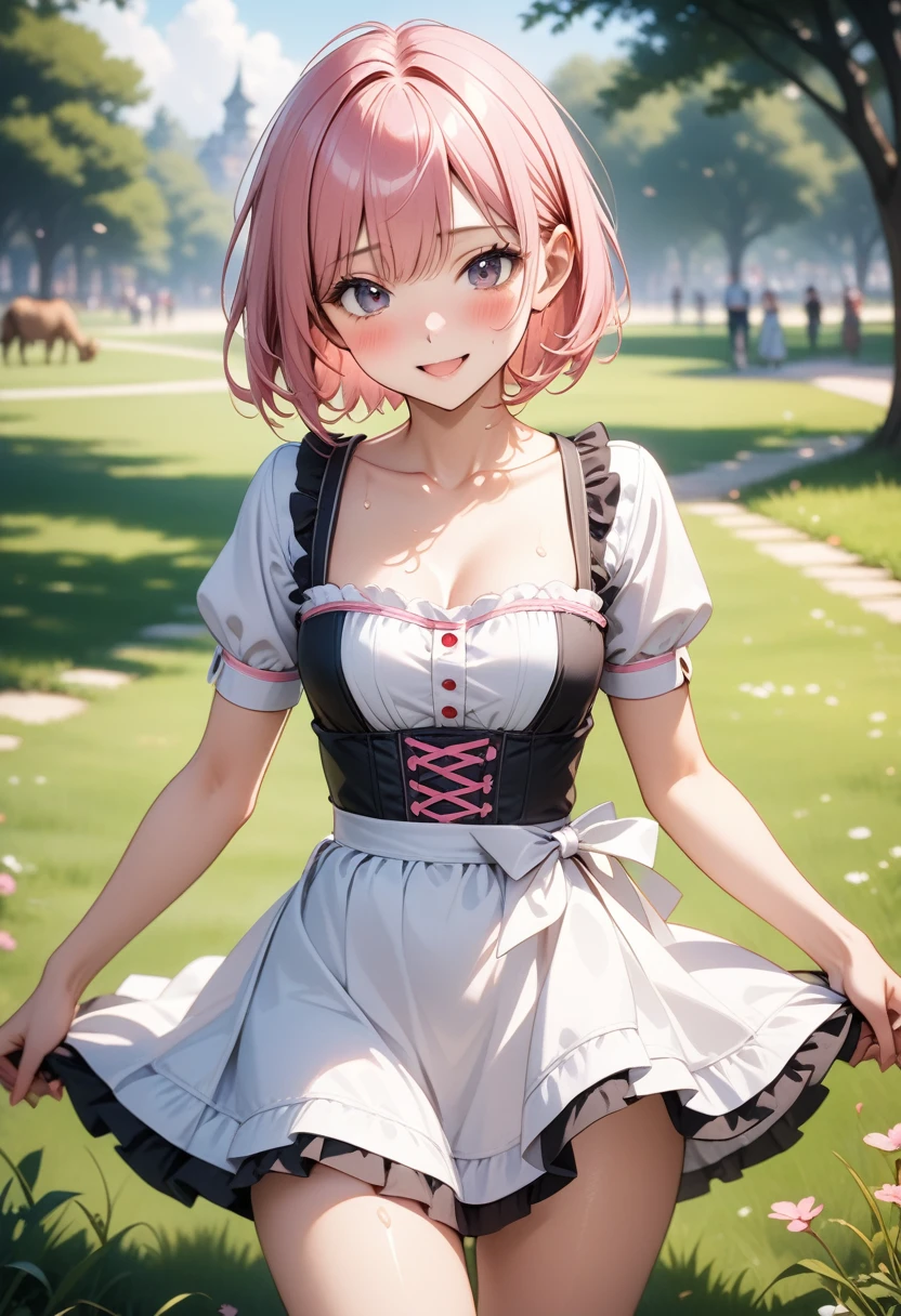 ((dirndl)), ((The costume is very shiny)),  skinny, solo, 1 woman, Masterpiece, highest quality, highest quality, 16K, incredibly absurd, highly detailed, 2.5D, ai-generated, delicate and dynamic, very delicate facial expressions, delicate eye depiction, erotic, only sexy woman, ((A cute and kind face)), healthy figure, ((25-year-old woman)), 160cm tall, medium firm swaying bust, (short hair), (pink hair:1.5), bob cut, black eye, blush, Sweat,Embarrassed,sexy, ((thin thighs)), (camel toe:0.8), (Erect nipples:0.7), ((shiny and lustrous)), facing straight at viewer, smile, standing), cowboy shot, Large park, daytime, bright, on the grass,