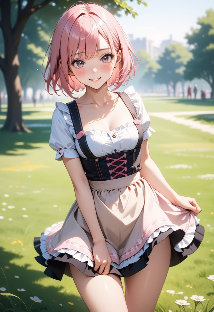 ((dirndl)), ((The costume is very shiny)),  skinny, solo, 1 woman, Masterpiece, highest quality, highest quality, 16K, incredibly absurd, highly detailed, 2.5D, ai-generated, delicate and dynamic, very delicate facial expressions, delicate eye depiction, erotic, only sexy woman, ((A cute and kind face)), healthy figure, ((25-year-old woman)), 160cm tall, medium firm swaying bust, (short hair), (pink hair:1.5), bob cut, black eye, blush, Sweat,Embarrassed,sexy, ((thin thighs)), (camel toe:0.8), (Erect nipples:0.7), ((shiny and lustrous)), facing straight at viewer, smile, standing), cowboy shot, Large park, daytime, bright, on the grass,