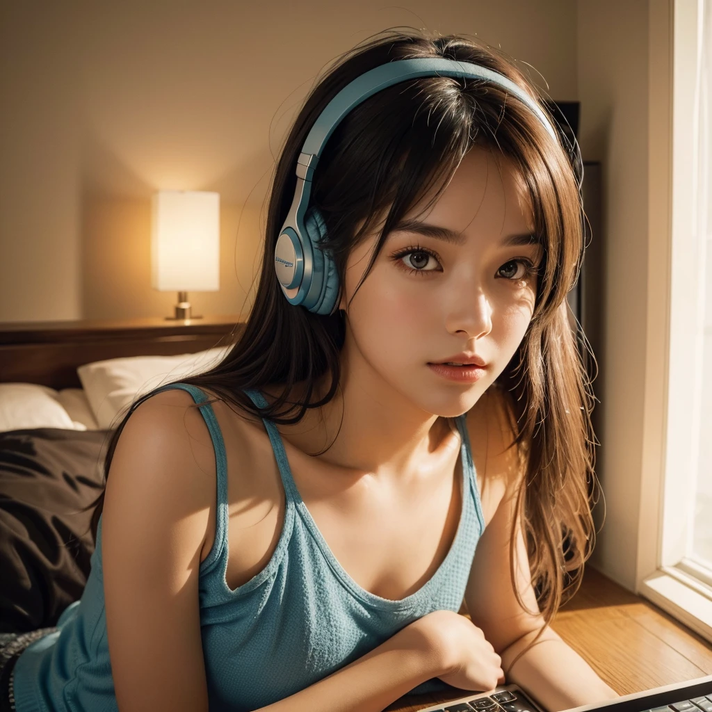 beautiful girl, blue tanktop, short shorts, faux fur fluffy sandal, headphone, listening to music, computer, indoor bedroom setting, 1 girl, (best quality,4k,8k,highres,masterpiece:1.2),ultra-detailed,(realistic,photorealistic,photo-realistic:1.37),detailed eyes,detailed lips,extremely detailed face,long eyelashes,intricate details,soft lighting,warm color tones,natural lighting,cozy atmosphere,serene and relaxing
