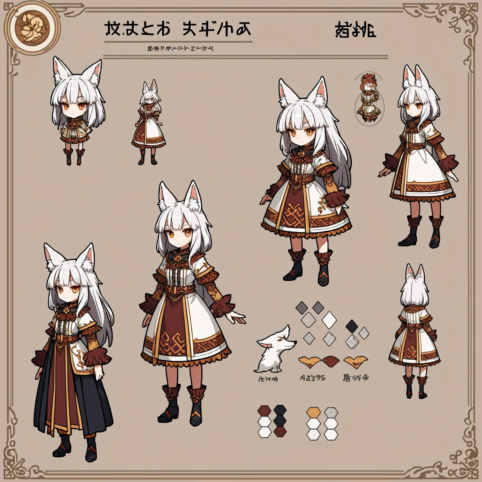 Character Sheet, A graceful wild fox girl with mostly silver hair, Food themed clothing, variation, Highest quality, pixel