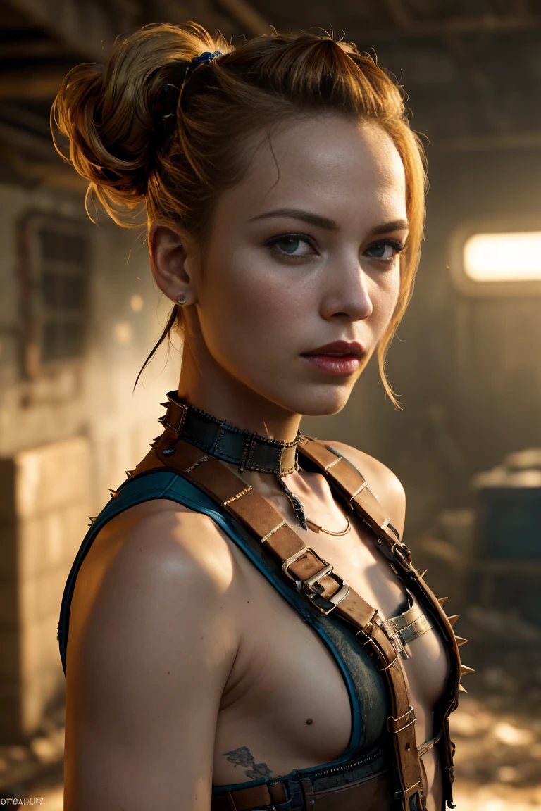 A fierce and beautiful woman., (Grace Kelly:Gillian Jacobs:0.5), braided spiky punk hairstyle, (wearing a revealing high-detail raider harness from Fallout 4), armed, High detail face, high detailed leather, seductive expression, perfect body, (perfect proportions), a nuclear wasteland background with scattered ruins, high quality, (Masterpiece), (realistic photo), intricately detailed, 8k, HDR, shallow depth of field, wide light, High contrast, backlight, sharp focus, Raw color photo, looking to the camera, vivid colors, Fallout 4 style