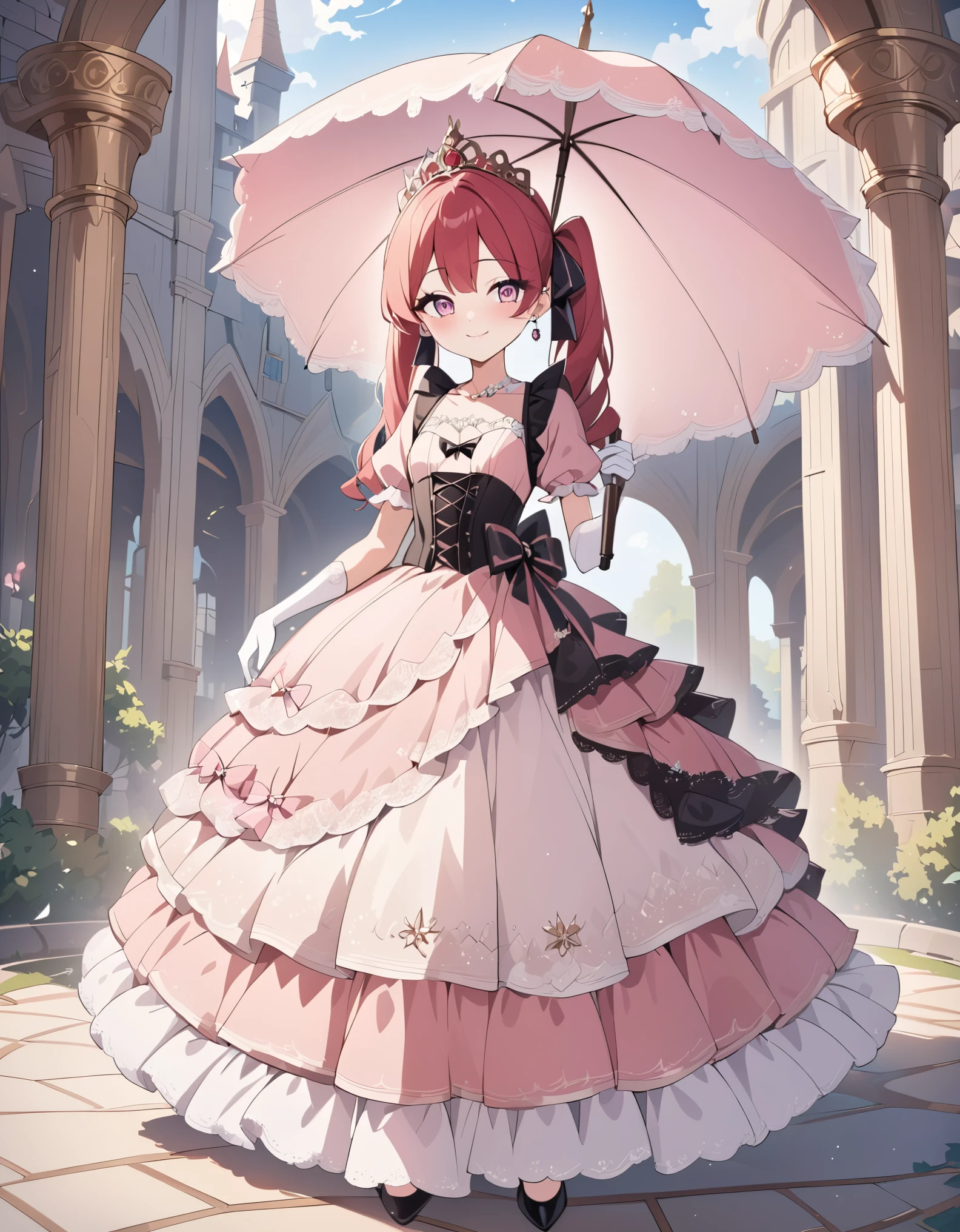 (best quality,4k,8k,highres,masterpiece:1.2),ultra-detailed, steampunk settings, Pretty 15 years old princess, drawn in anime style, she’s cute and joyful, smiling, long red pigtails hair, pink eyes, small breast, lipstick, makeup, pink eyeshadow, long eyelashes, dainty and delicate body, red princess gown with puffy sleeves, pastel colour scheme, physically-based rendering,gorgeous dress design,flowing gown,elaborate lace details,rich textures,contrast stitching,delicate ribbon bows,floral accents,long maxi skirt,short sleeves,fitted waistline,lace-up back,luxurious fabrics,flawless silhouette, petticoat, bustle, corset, hair ribbons, white elbow gloves, ruby earrings and necklace, gold tiara, high heels, holding a lacy umbrella, walking in castle garden, beautiful sunny and cloudy sky.