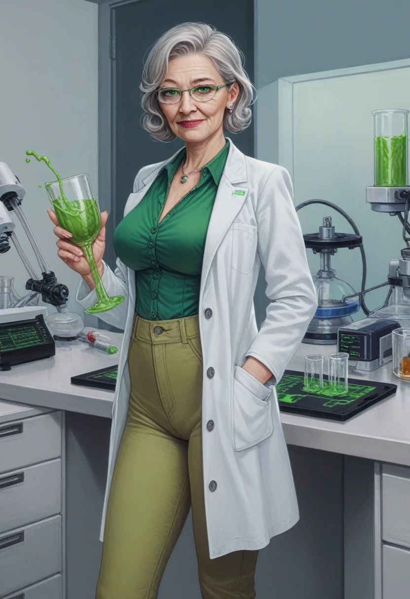 hyperrealistic art cinematic film still lower angle photography in the style of detailed hyperrealism photoshoot . (widehips) Extremely high-resolution details, photographic, realism pushed to extreme, fine texture, incredibly, elderly frail wrinkle woman, short gray hair, ((lab coat with green blouse and balck pants)), in dark laboratory, holding a beaker of glowing liquid