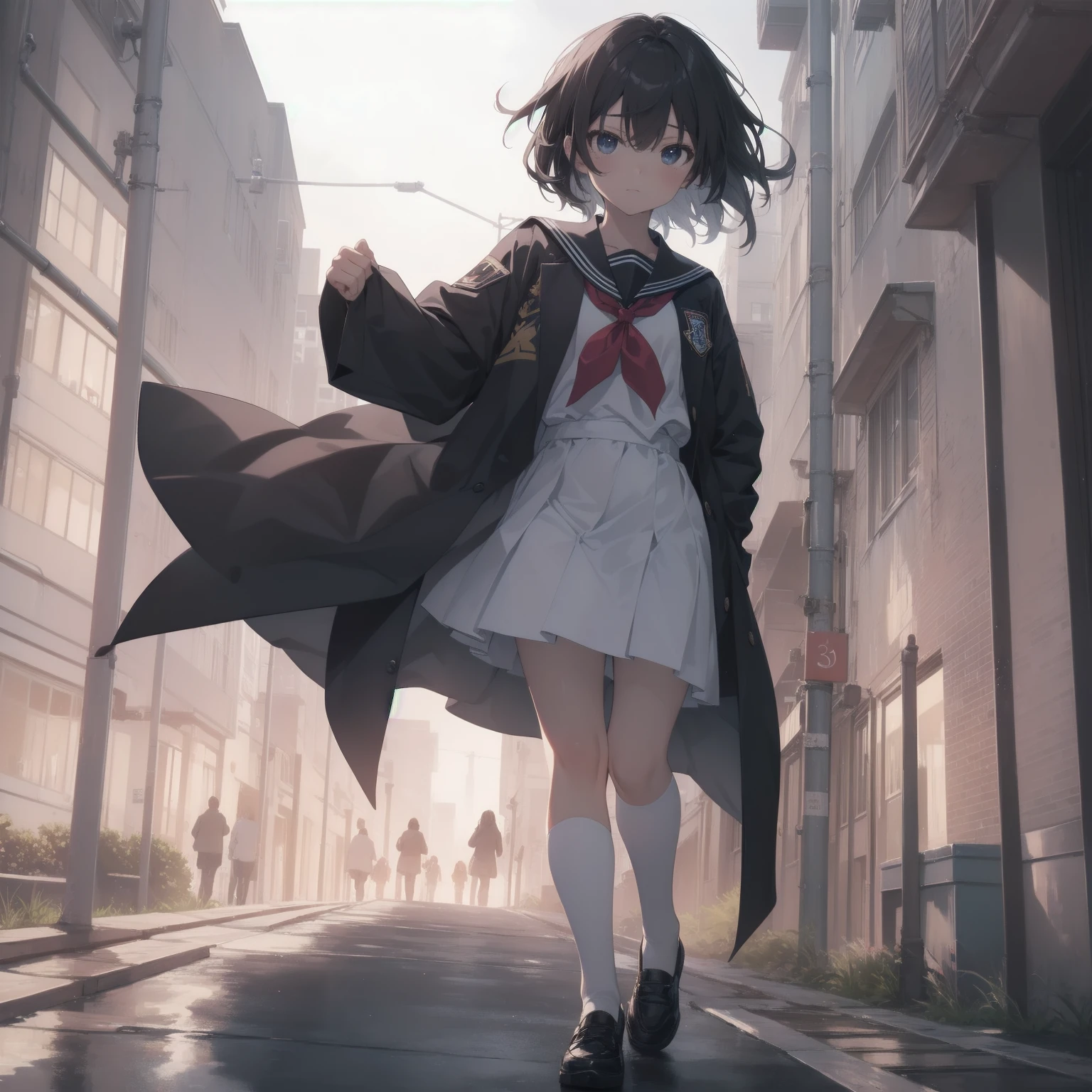 ultra-absurdres-Top quality by artist God, ultra-detailed, high resolution, anime moe artstyle, best anime 8k konachan wallpaper, pixiv contest winner, pool:2810, perfect anatomy,break, 1girl, (Please draw a girl walking sleepily to school alone. )break,(Solo,little female, 13-year-old:1.3),Full limbs, complete fingers,a junior high school student, (very short hair), short cut, flat chest, , small butt, small black eyes, beautiful detailed eyes, well-proportioned iris and pupils, expressive eyes, highres detailed hair, soft expression, salor school_uniform, sailor collar, serahuku, bow, pleated skirt,(Detailed Lighting), (Detailed background), in the School commute route. break,super detailed skin, Best cinematic lighting powered by famous artist, 8k,beauty illustration,photoshop_(medium),very aesthetic,break,((artist:tomose_shunsaku )), artist:clamp ,artist:carnelian ,artist:kantoku ,
