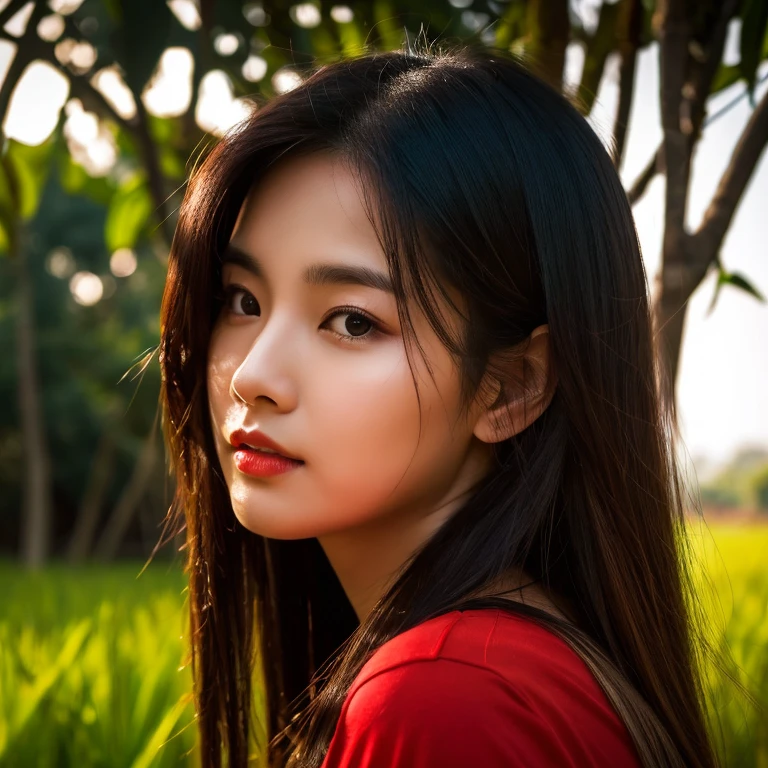 Head-on photo of Araffe woman wearing a dark red T-shirt., Looking straight at you intently, Long-haired woman with a round face, black eyes ตาสองชั้น, black eyes, Thai anime, (digital painting, HDR, high contrast), (Highest quality),(Masterpiece:1.3),(sharp focus:1.2), glowing face, (Red cheeks:1.6:), outdoor, The background is a rice field., There is an old thatched Thai-style hut in the background., The evening sun shines, beautiful asian woman, Japanese goddess, beautiful female model, jaw-dropping beauty, Attractive face and body