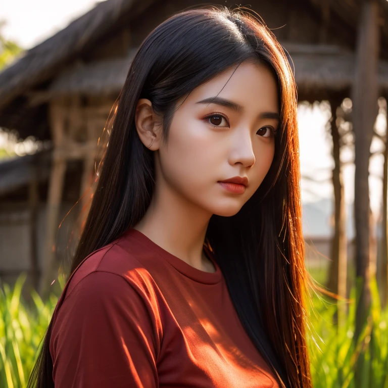 Head-on photo of Araffe woman wearing a dark red T-shirt., Looking straight at you intently, Long-haired woman with a round face, black eyes ตาสองชั้น, black eyes, Thai anime, (digital painting, HDR, high contrast), (Highest quality),(Masterpiece:1.3),(sharp focus:1.2), glowing face, (Red cheeks:1.6:), outdoor, The background is a rice field., There is an old thatched Thai-style hut in the background., The evening sun shines, beautiful asian woman, Japanese goddess, beautiful female model, jaw-dropping beauty, Attractive face and body