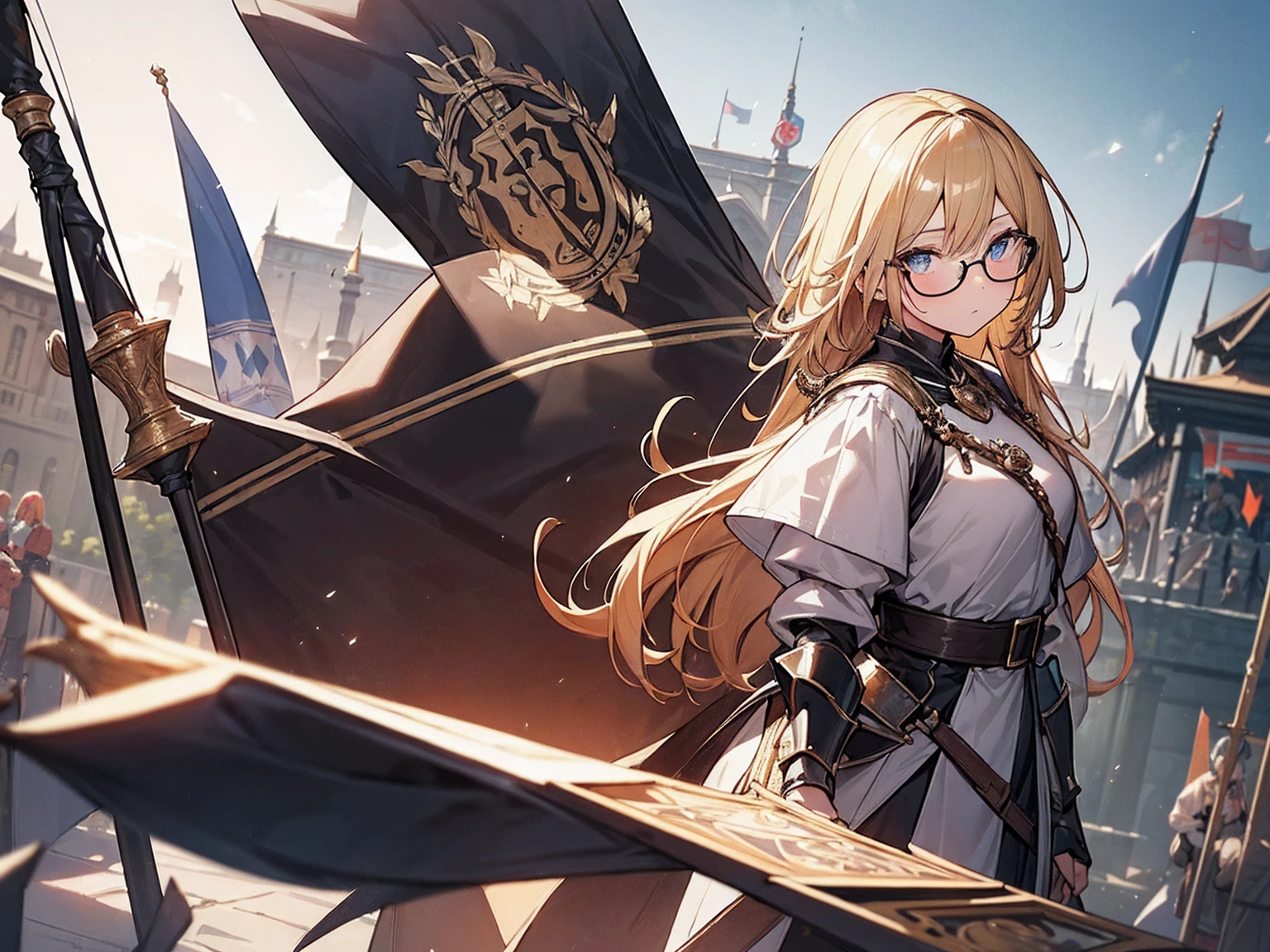 best quality, Masterpiece, Highly detailed, symmetrical eyes., girl, พื้นหลังที่Highly detailed, is gaining popularity (art station:1.46), movie light, studio quality, 8k resolution, long yellow hair,Wear glasses,Joan of Arc,Put on knight armor,holding a flag,strong,It's a png file.
