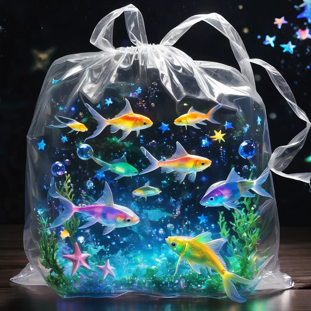 (masterpiece, best quality:1.2),Fantasy Undersea。Stars in a transparent plastic bag。，Luminescence
