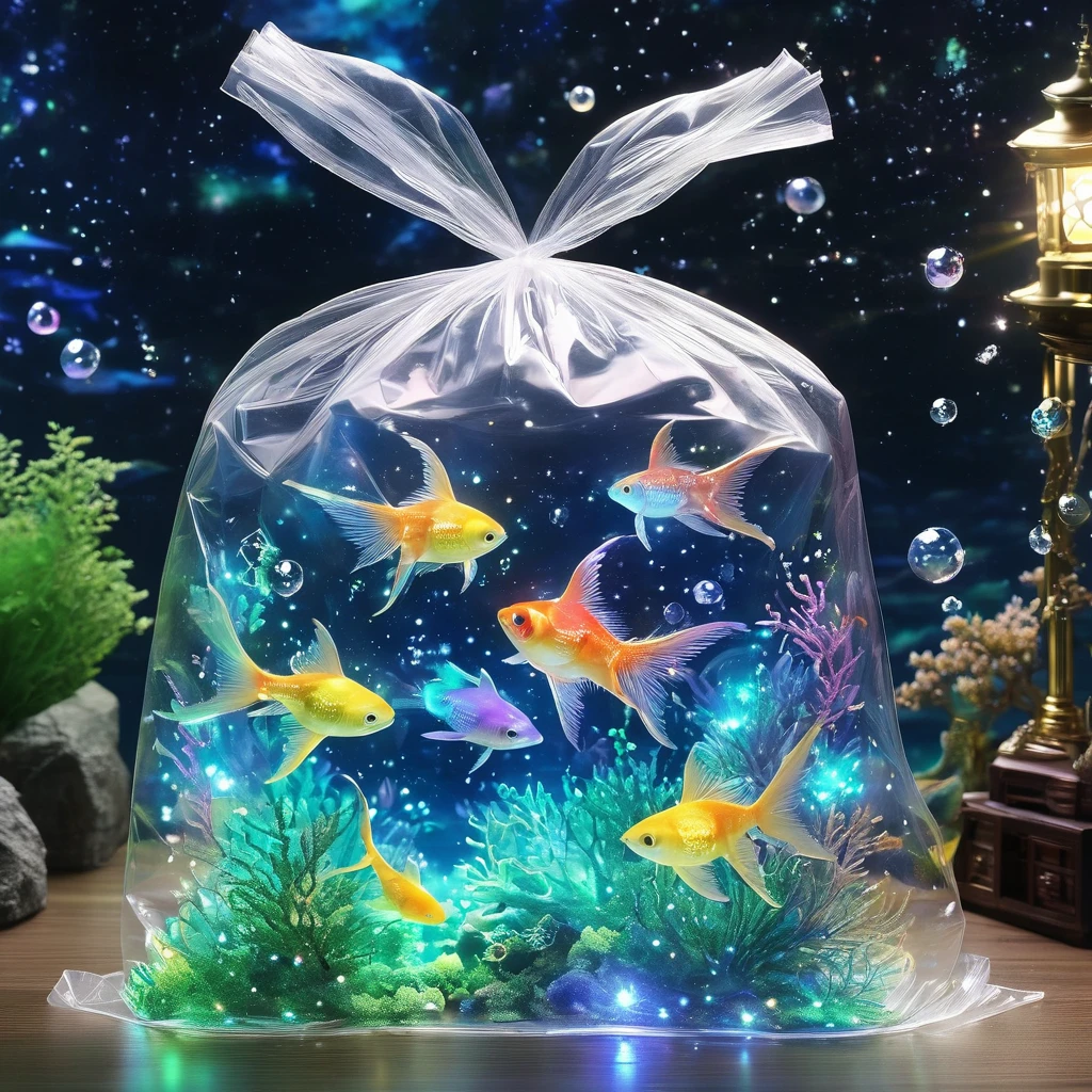 (masterpiece, best quality:1.2),Fantasy Undersea。Stars in a transparent plastic bag。，Luminescence
