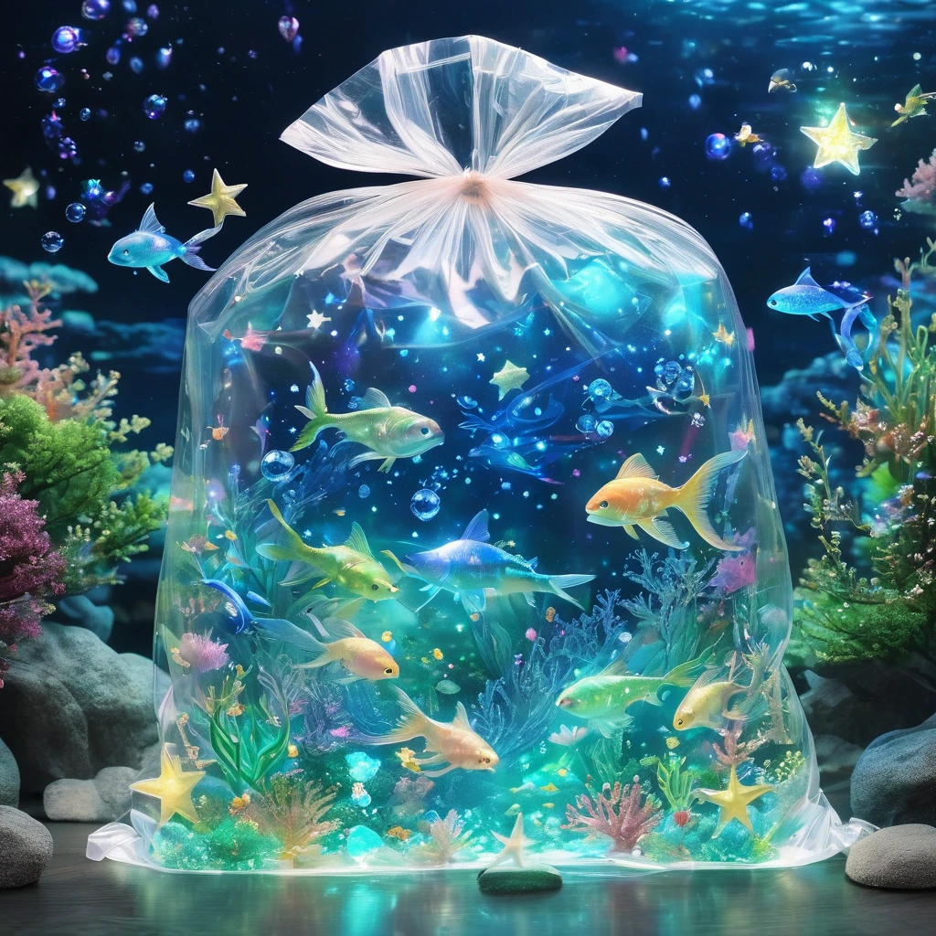 (masterpiece, best quality:1.2),Fantasy Undersea。Stars in a transparent plastic bag。，Luminescence
