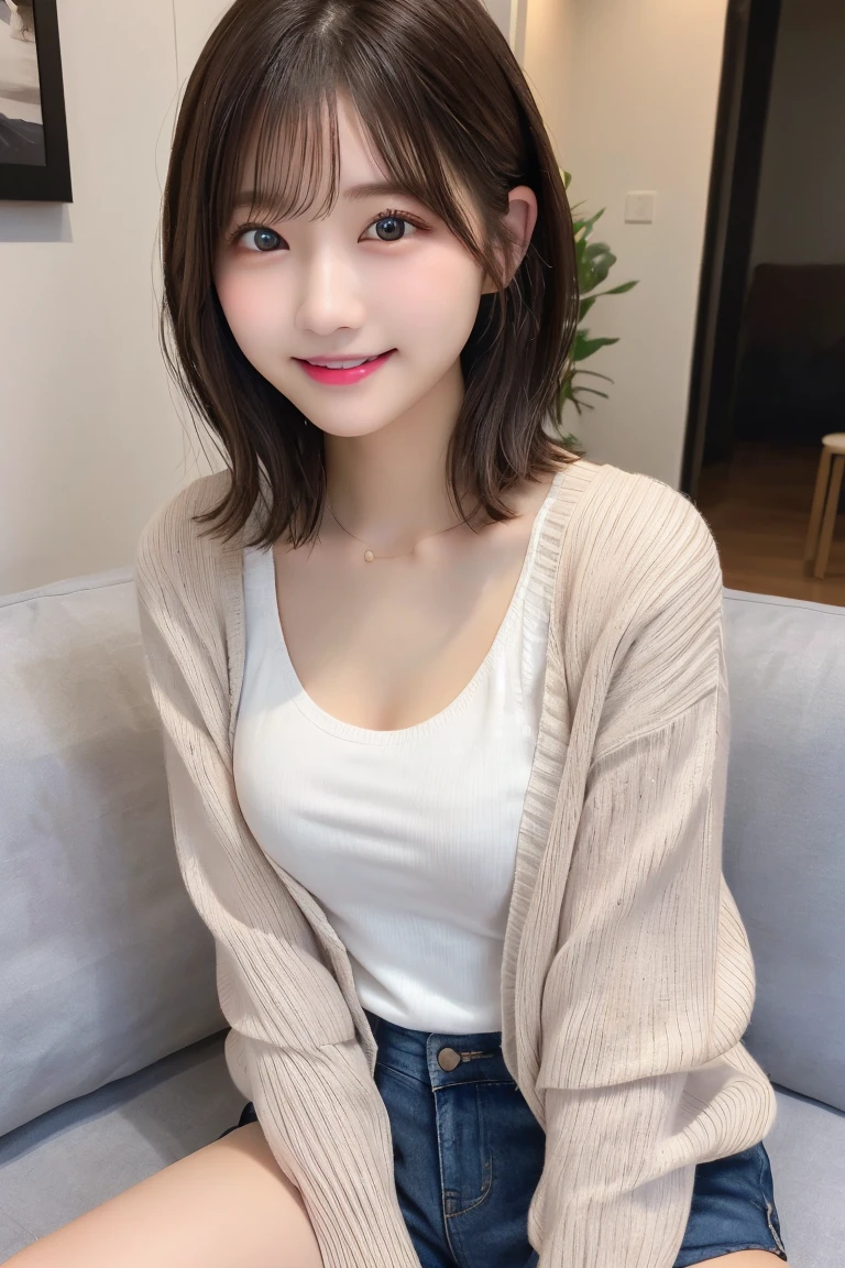 Highest quality、(beautiful)、Precision Eyes、Fine skin、Brown eyes、22-year-old female、Brown Hair、looking at the camera、Gal、Semi-short hair、Long sleeve cardigan、Sit on the sofa、Lips without makeup、Tank top、Shorts、smile