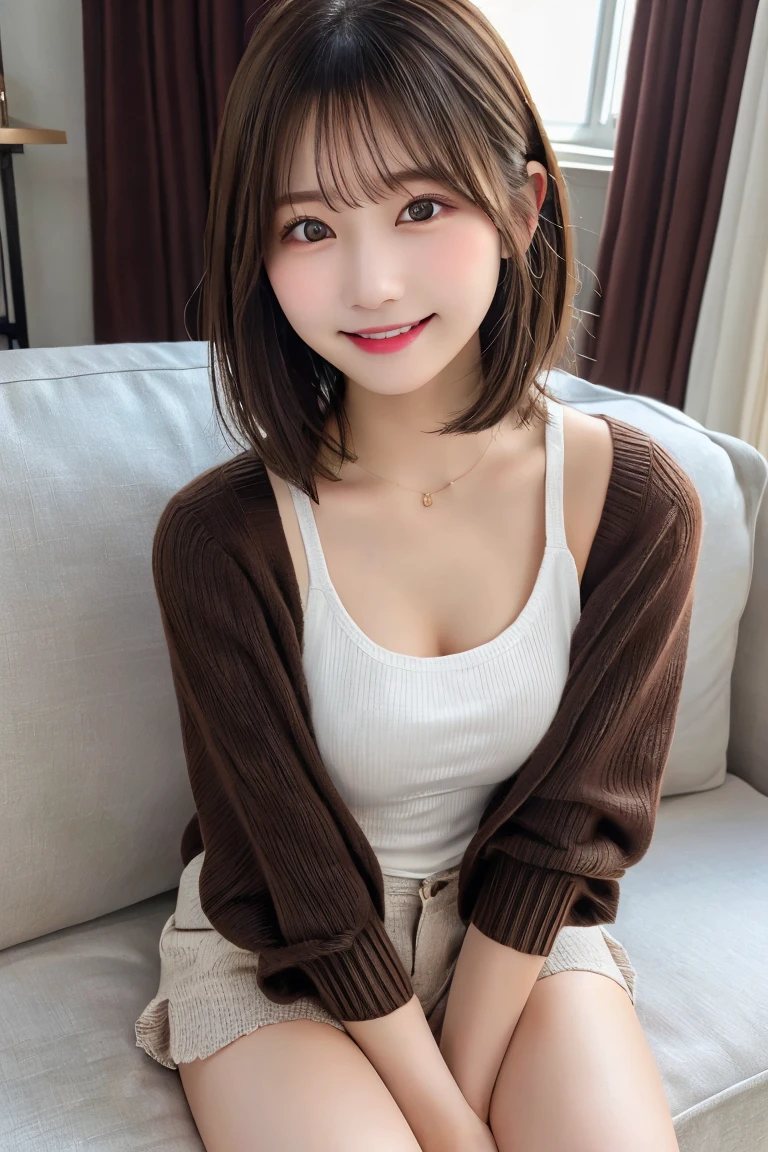 Highest quality、(beautiful)、Precision Eyes、Fine skin、Brown eyes、22-year-old female、Brown Hair、looking at the camera、Gal、Semi-short hair、Long sleeve cardigan、Sit on the sofa、Lips without makeup、Tank top、Shorts、smile