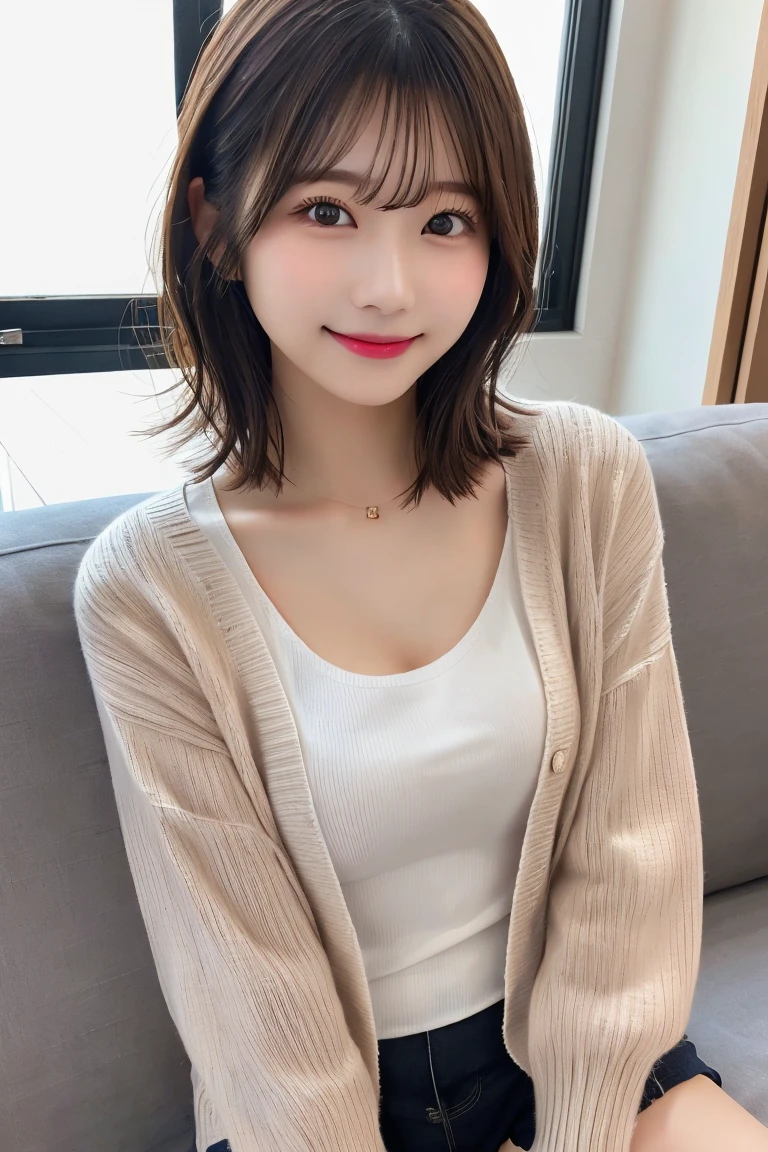 Highest quality、(beautiful)、Precision Eyes、Fine skin、Brown eyes、22-year-old female、Brown Hair、looking at the camera、Gal、Semi-short hair、Long sleeve cardigan、Sit on the sofa、Lips without makeup、Tank top、Shorts、smile