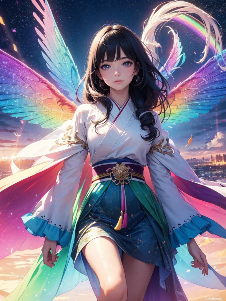(best quality,4k,8k,highres,masterpiece:1.2),ultra-detailed,beautiful double Rainbows Sky(realistic,photorealistic,photo-realistic:1.37),beautiful illustration,fairy,rainbow-colored,transparent bird wings,blessing,delicate facial features,magical aura,floating in mid-air,feminine Japanese long black hair and purple eyes ethereal,sparkling furisode,vibrant colors,soft lighting, Rainbow Sky