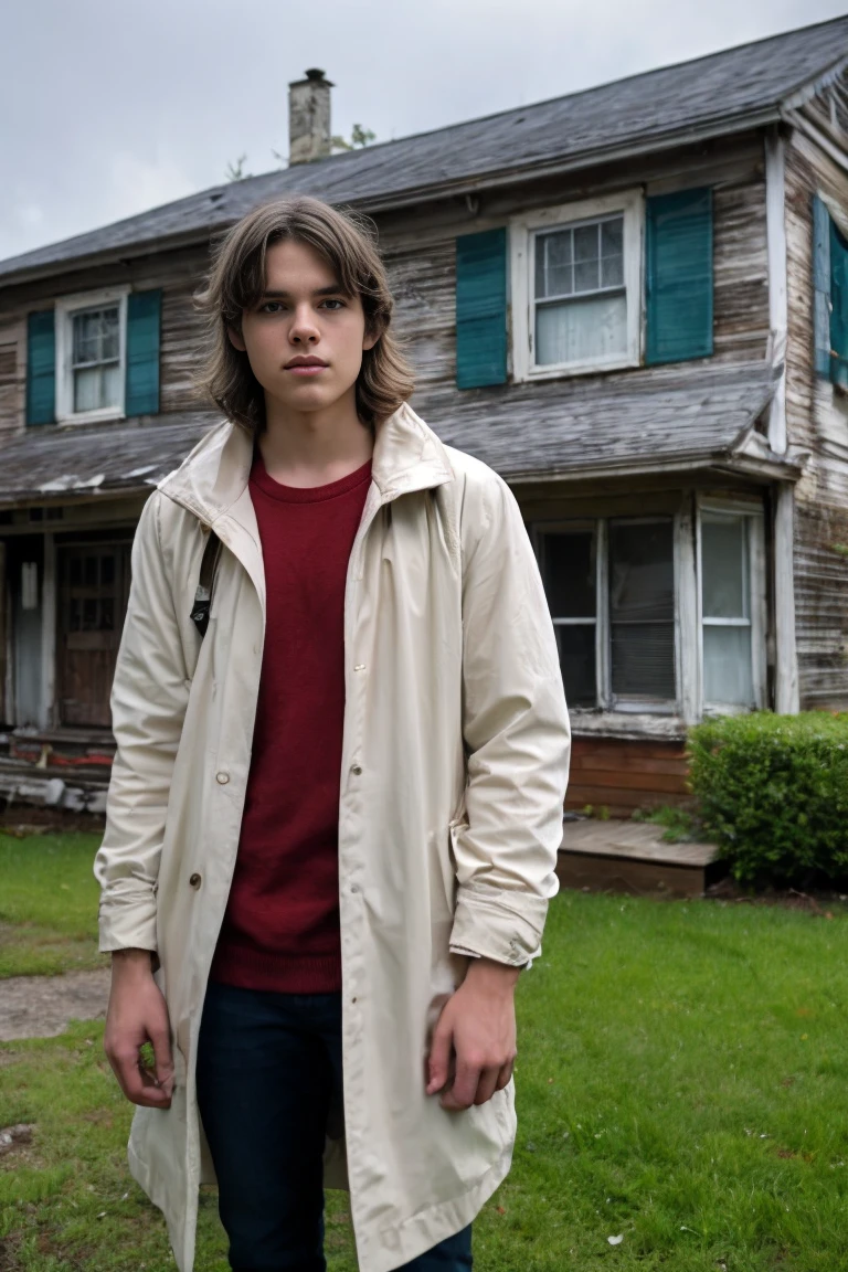 Realistic photo of solo handsome teenage men ,Standing In front of an abandoned house ,daytime rainy ,holding a sword