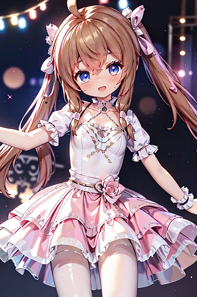 Solo girl, comical, kawaii, Blue eyes, light brown hair, back high twintails, front braids, princess dress, open mouth smile, from top, eyes look at the camera dance at the stage, neon and led lights, posing,sexy, high resolution image, masterpiece, high quality, attractive eyes,