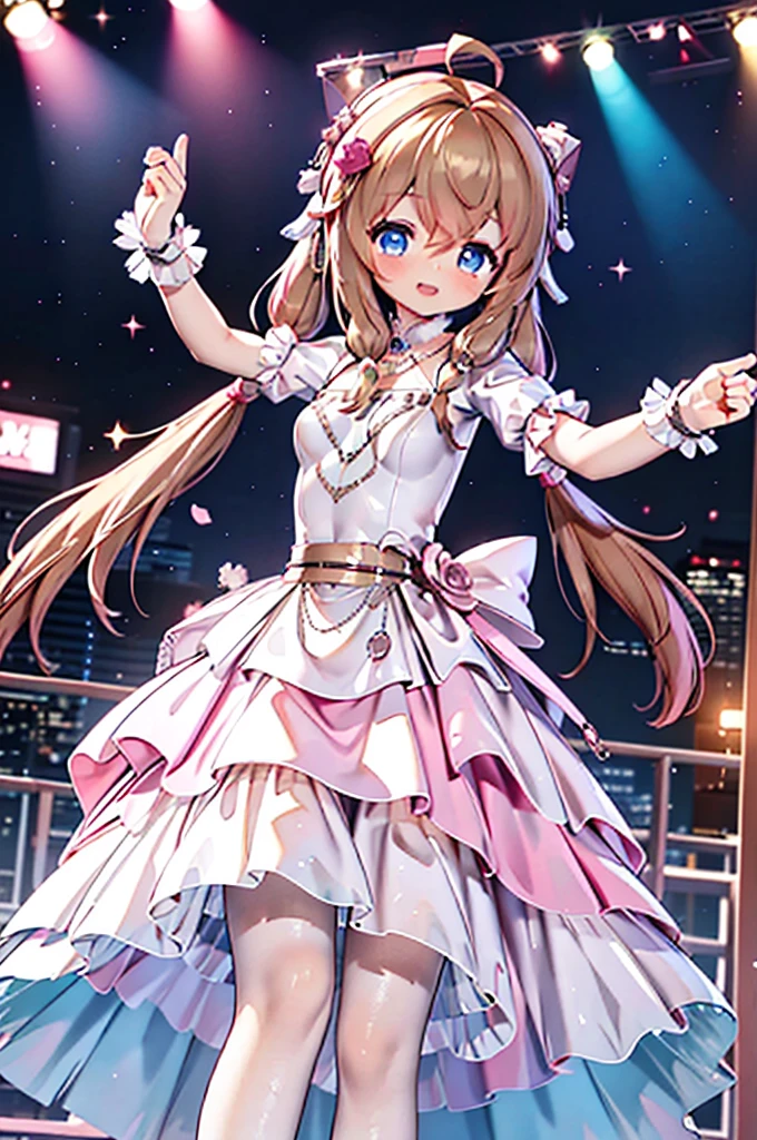 Solo girl, comical, kawaii, Blue eyes, light brown hair, back high twintails, front braids, princess dress, open mouth smile, from top, eyes look at the camera dance at the stage, neon and led lights, posing,sexy, high resolution image, masterpiece, high quality, attractive eyes,