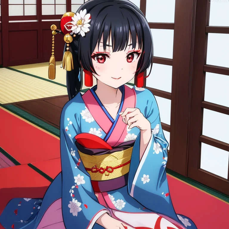 Geisha, geisha make up, light smile, red lips, kimono, red eyeshadow, black hair, black eyes, sit on tatami