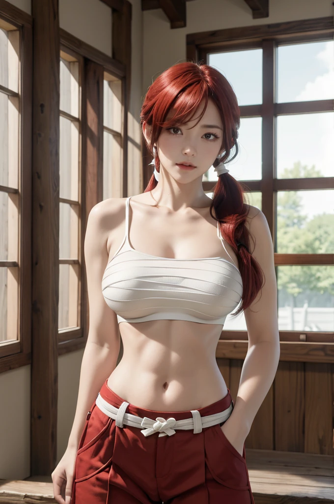 Masterpiece, Best Quality, hight resolution, fairytale, 1girl, Long hair, red hair, pony tail, white ribbon, hair above one eye, Brown eyes, large breasts, clavicle, Sarashi's chest, bandage, bare arms, midriff, Red Hakama, red pants, Cowboy shot, Indoors, Standing,