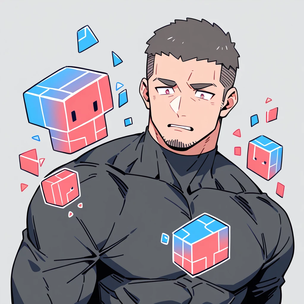 anime characters:Priapus, Muscle Sports Student, Buzz Cut, Manliness, male focus, Dark black high collar long sleeve tight T-shirt, Slightly transparent material, Very tight, Round, full and perky chest muscles, muscular male, muscular, only, Upper body, alone, Black short hair, Thick eyebrows, stubble, Brown-red pupils, Grey background, simple background, amazing quality, best aesthetics, Ridiculous, crew cut, parted lips, flustered, endured face, best quality
