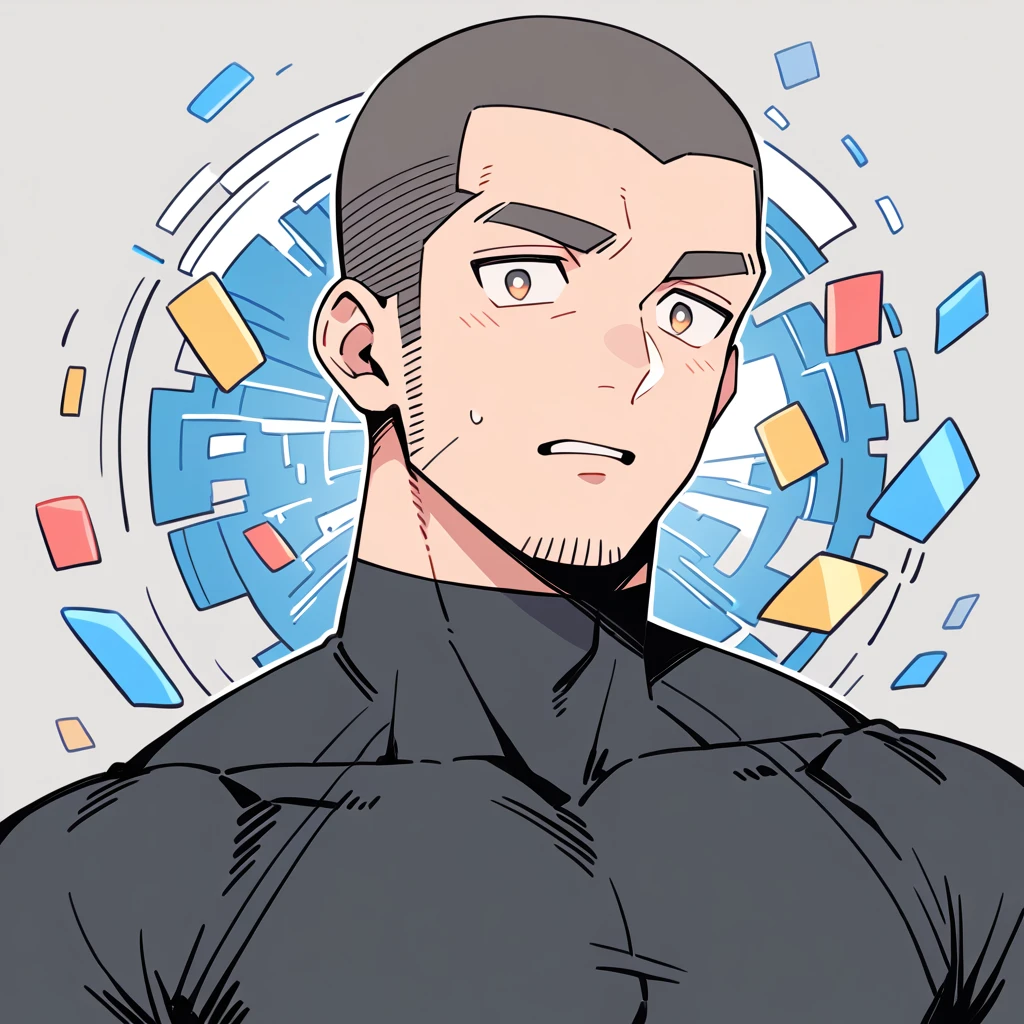 anime characters：Priapus, Muscle Sports Student, Buzz Cut, Manliness, male focus, Dark black high collar long sleeve tight T-shirt, Slightly transparent material, Very tight, Round, full and perky chest muscles, muscular male, muscular, only, Upper body, alone, Black short hair, Thick eyebrows, stubble, Brown-red pupils, Grey background, simple background, amazing quality, best aesthetics, Ridiculous, crew cut, parted lips, flustered, endured face, best quality