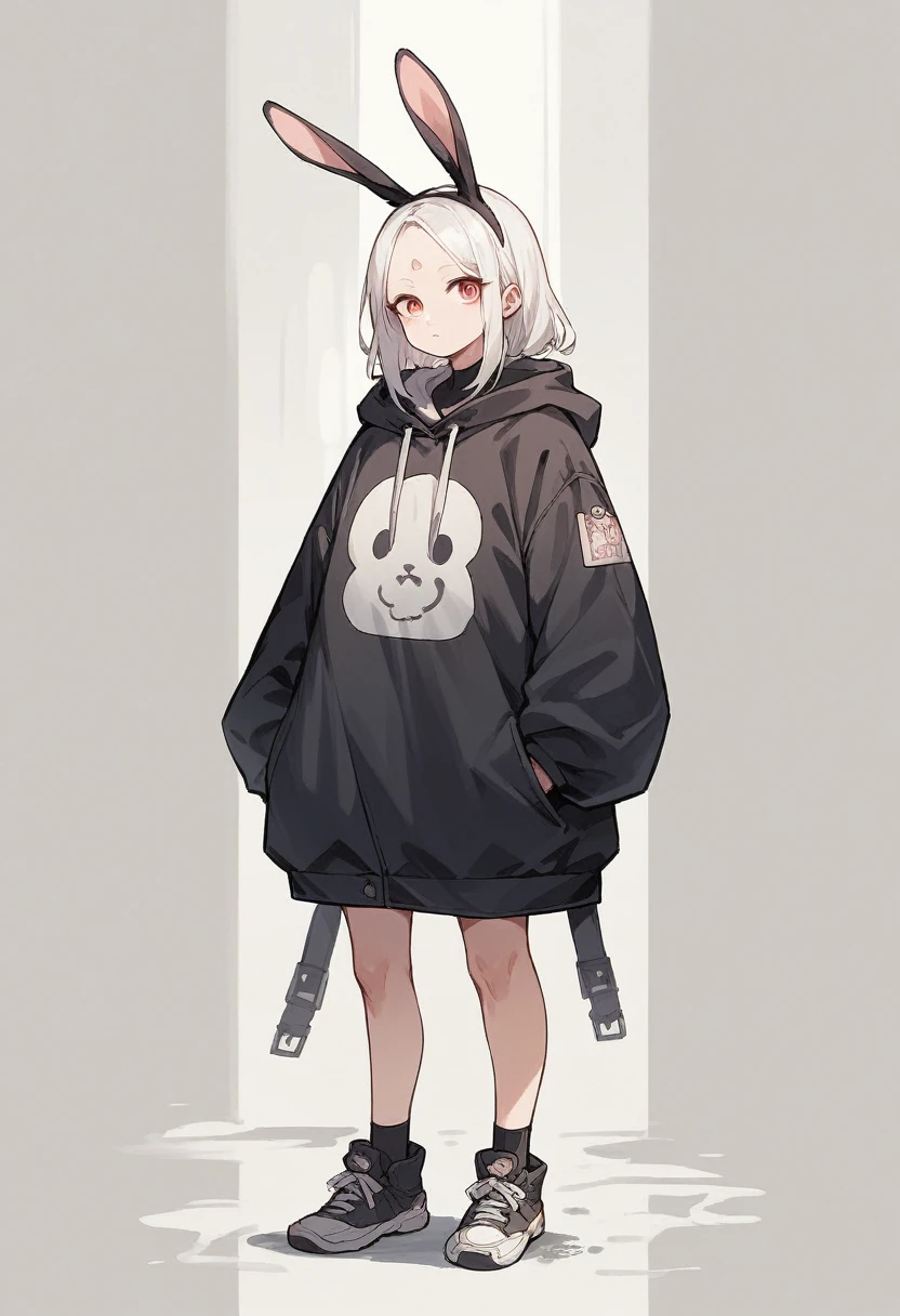 Girl 16 years old, hooded girl with bunny ears, bunny ears on the hood, White hair without bangs (open forehead), full height