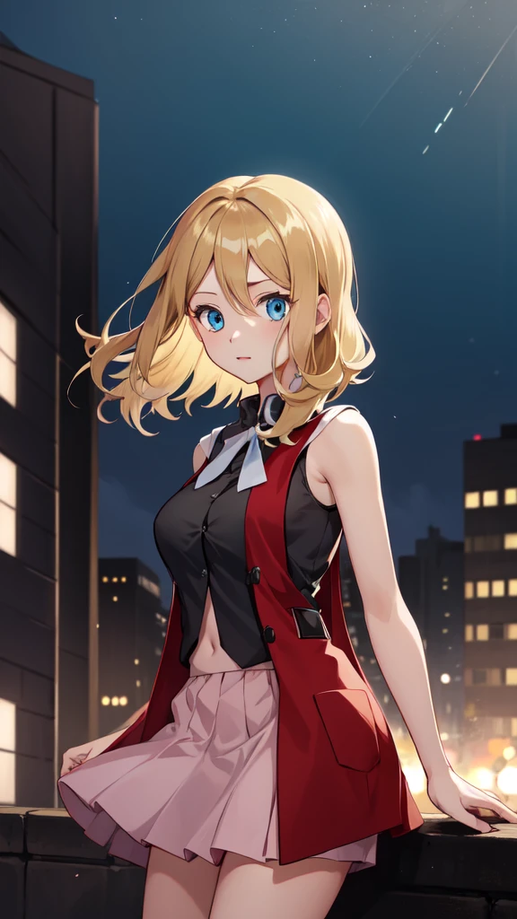 gonzarez, masterpiece, Serenaj, 1girl,l solo,
blue eyes, blonde hair, medium hair, open eyes, night background , pink skirt, vest, medium breast